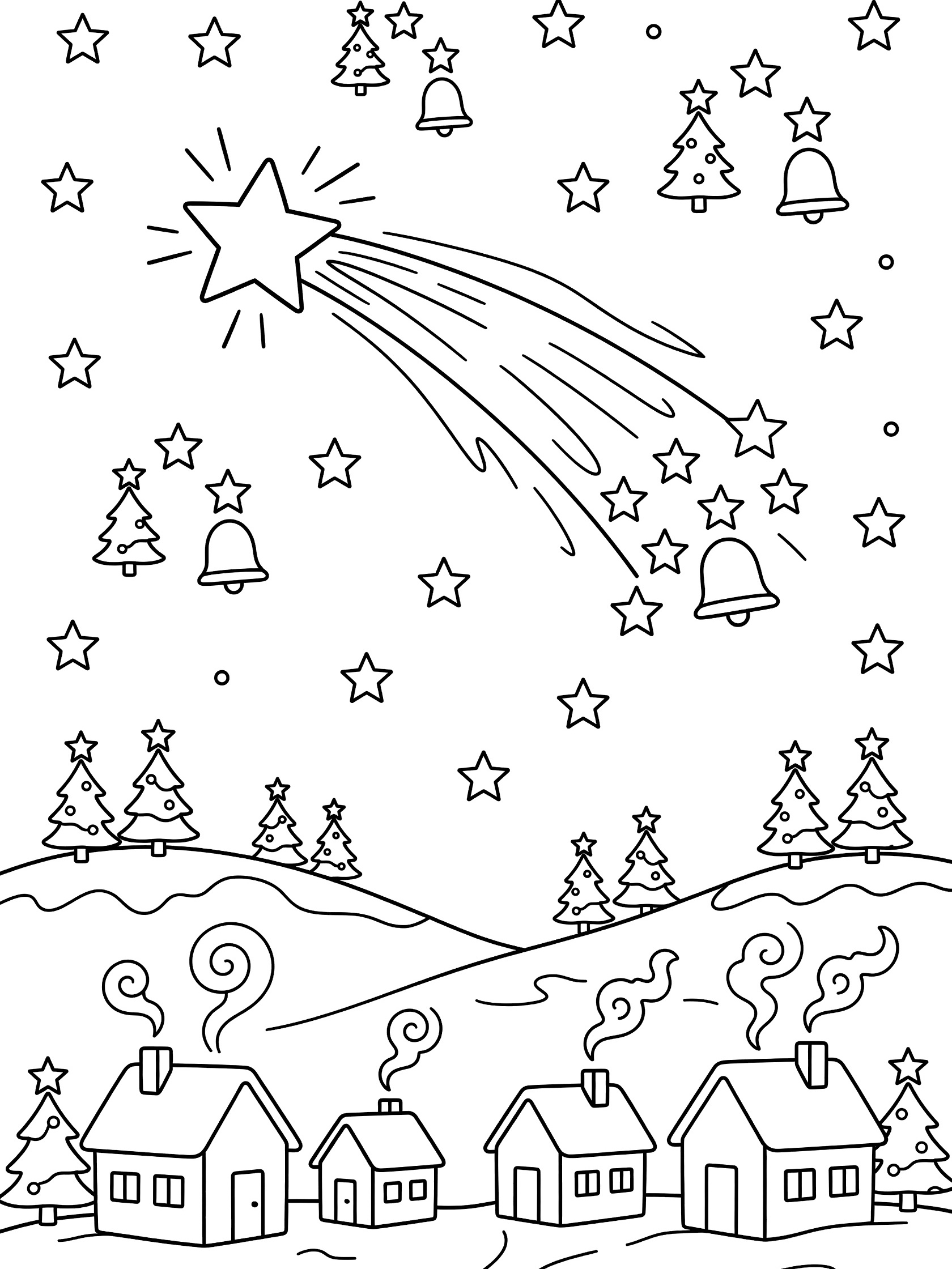 Black and white line art of a bright shooting star with trail in a starry Christmas sky featuring tree and bell shapes, snowy hills, Christmas trees, and village houses with smoke.