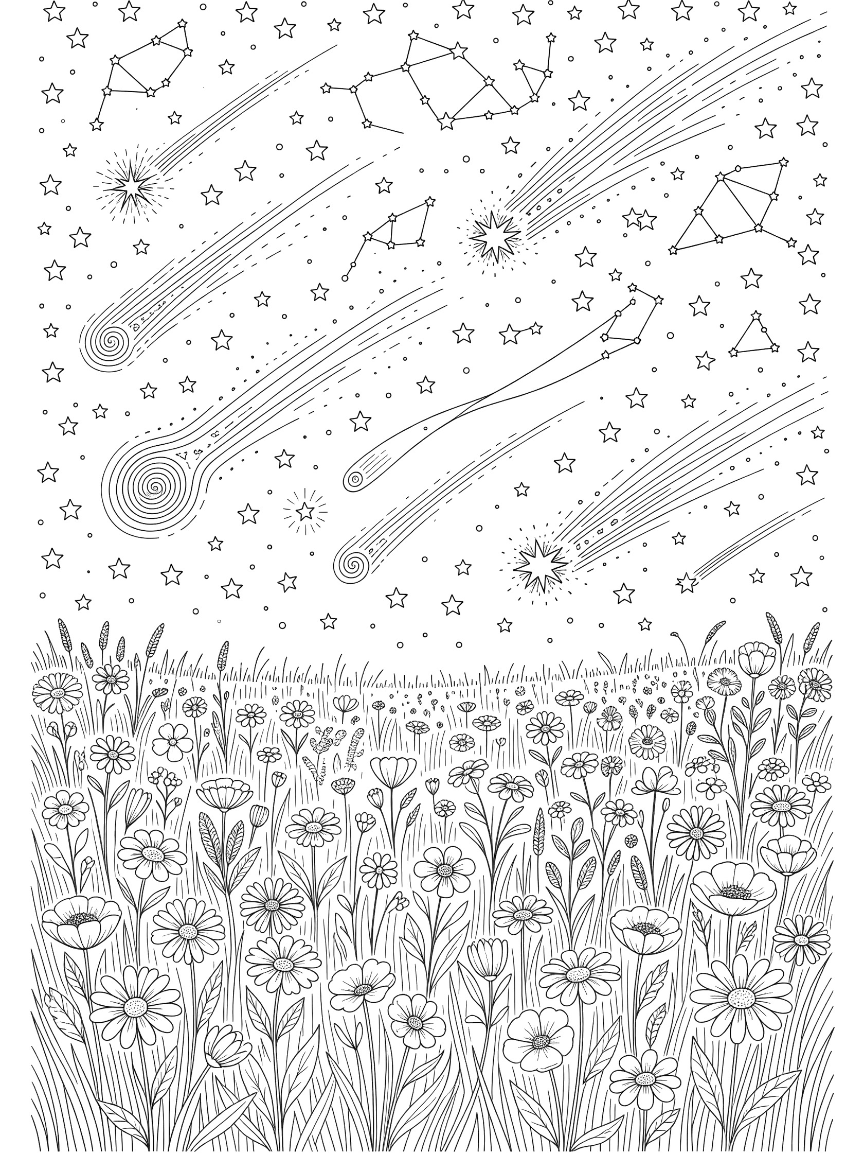 Black and white line art of shooting stars streaking across a starry sky above a field of detailed wildflowers. Meteor Shower themed black and white printable line art