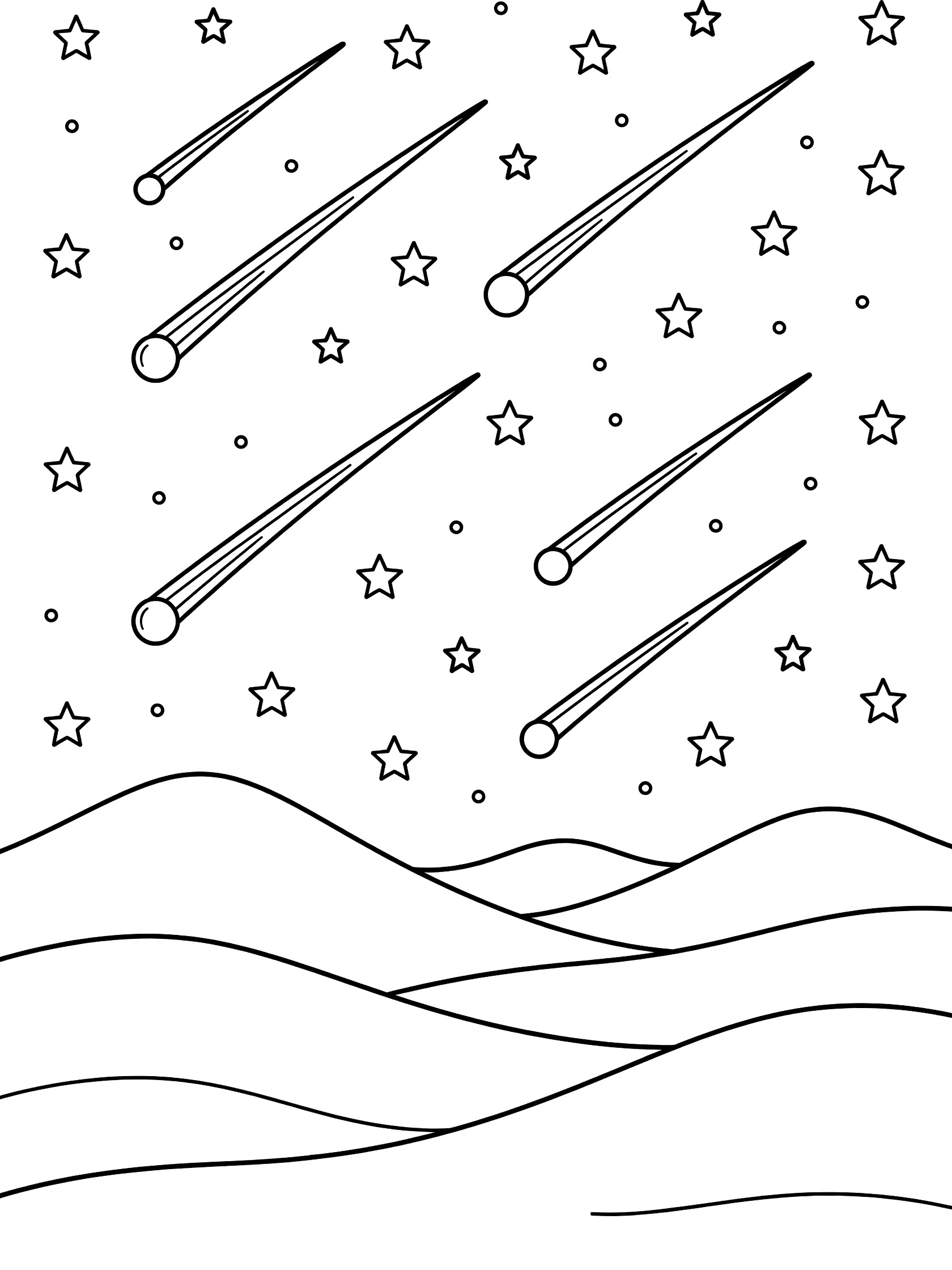 Black and white line art coloring page showing many shooting stars with tails in a starry sky above wavy rolling hills. Meteor Shower themed black and white printable line art