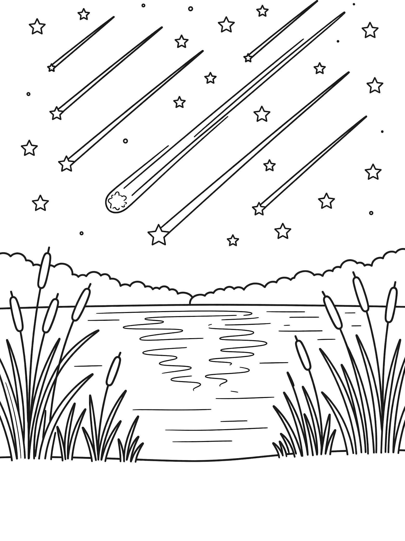 Black and white line drawing coloring page showing a meteor shower with streaking shooting stars over a lake, reflections in the water, twinkling stars in the sky, and tall reeds around the edges.