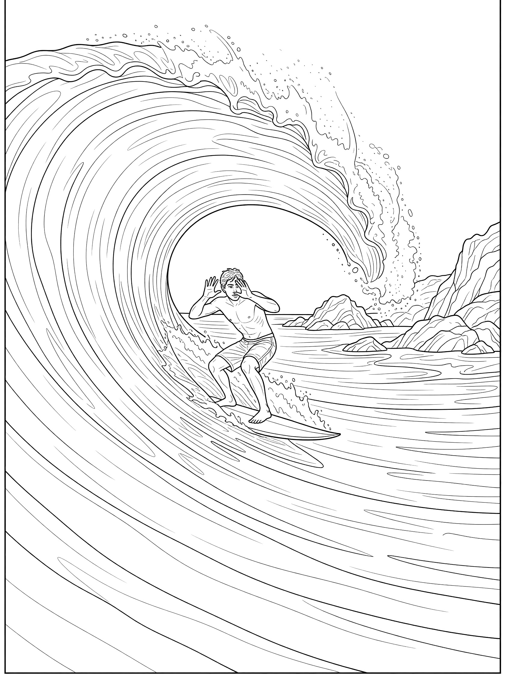 Black and white coloring page of a surfer on a short surfboard riding inside a curling barrel wave, hands over face, rocky outcrops visible