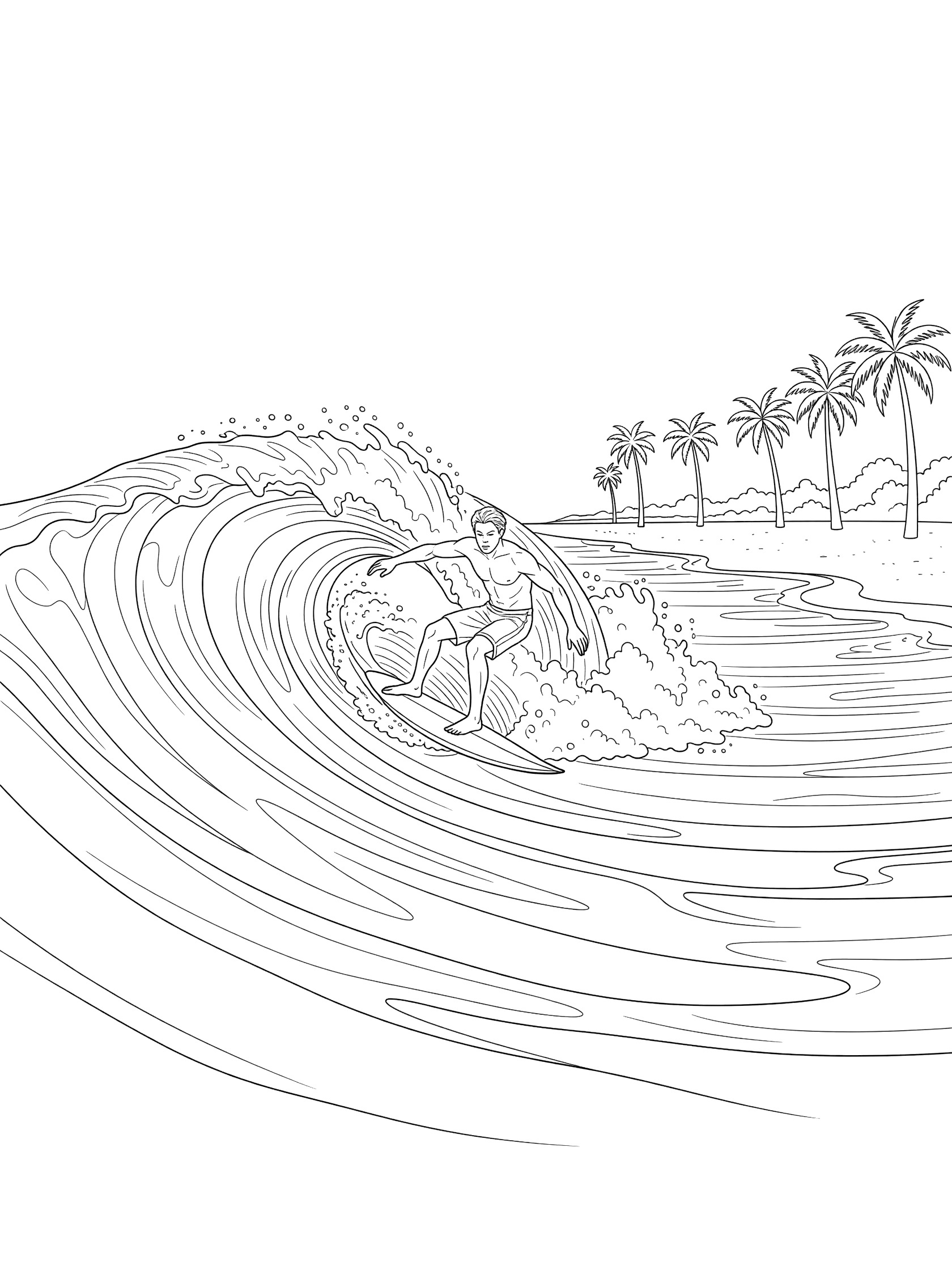 Black and white line art of a surfer leaning into a cutback turn on a short surfboard midway down a curling breaking wave with foam, near a sandy beach and palm trees.