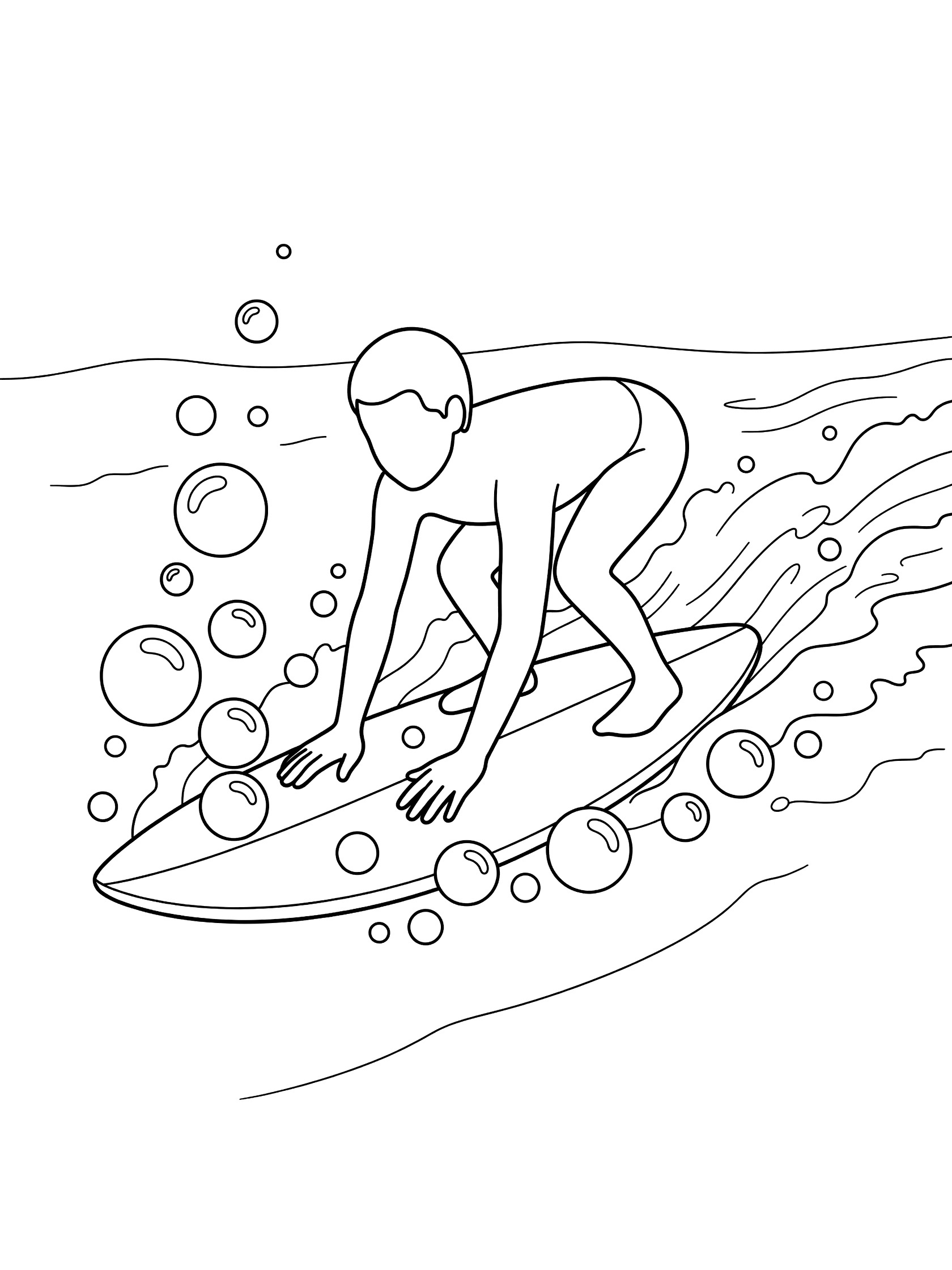 Black and white line art of a surfer doing a shortboarding duck dive, pushing the nose of the short surfboard underwater with bubbles around it and waves behind.