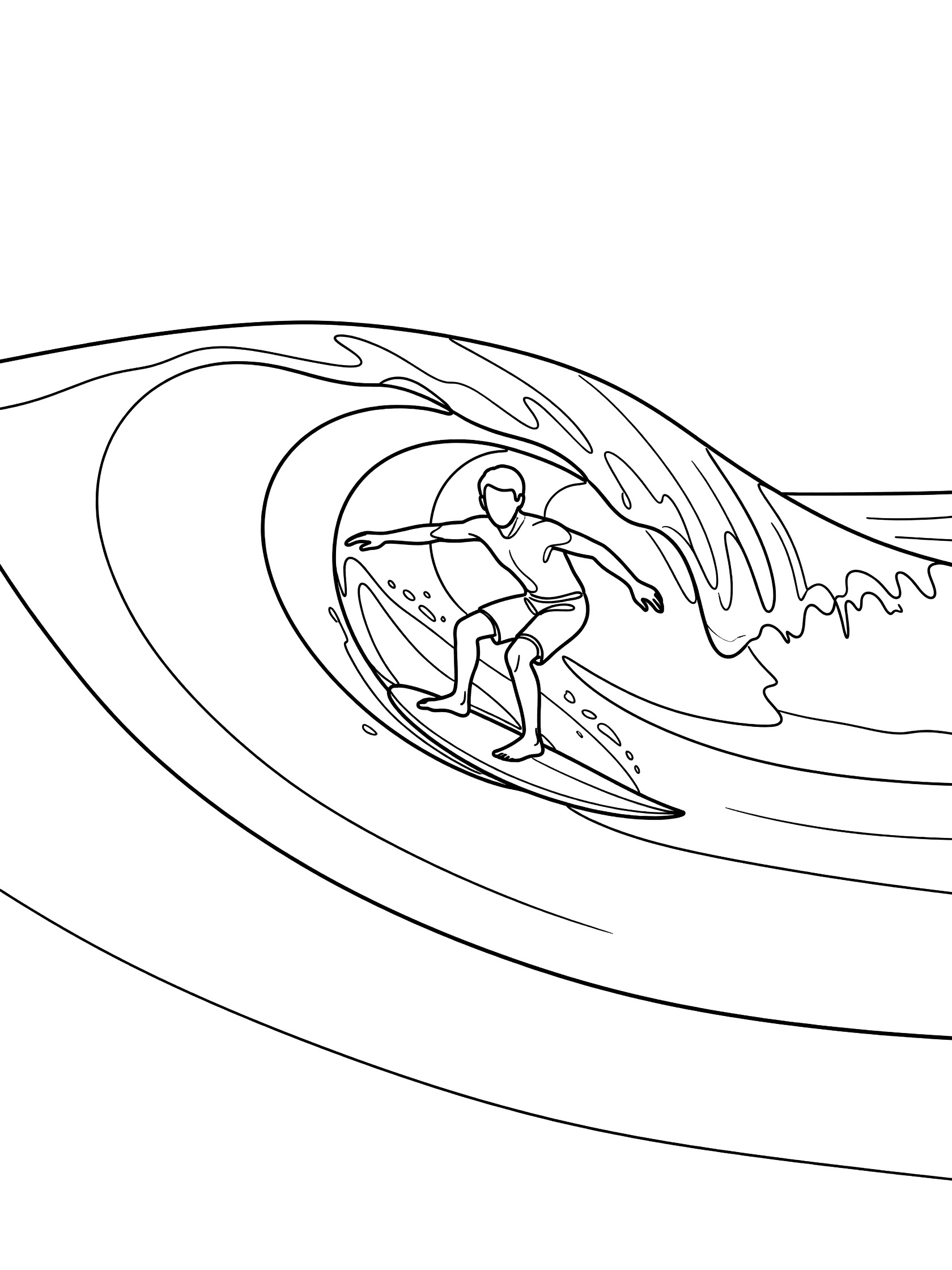 Line art coloring page showing a surfer dynamically popping up from prone to standing on a short surfboard as it catches a curling ocean wave with light spray.