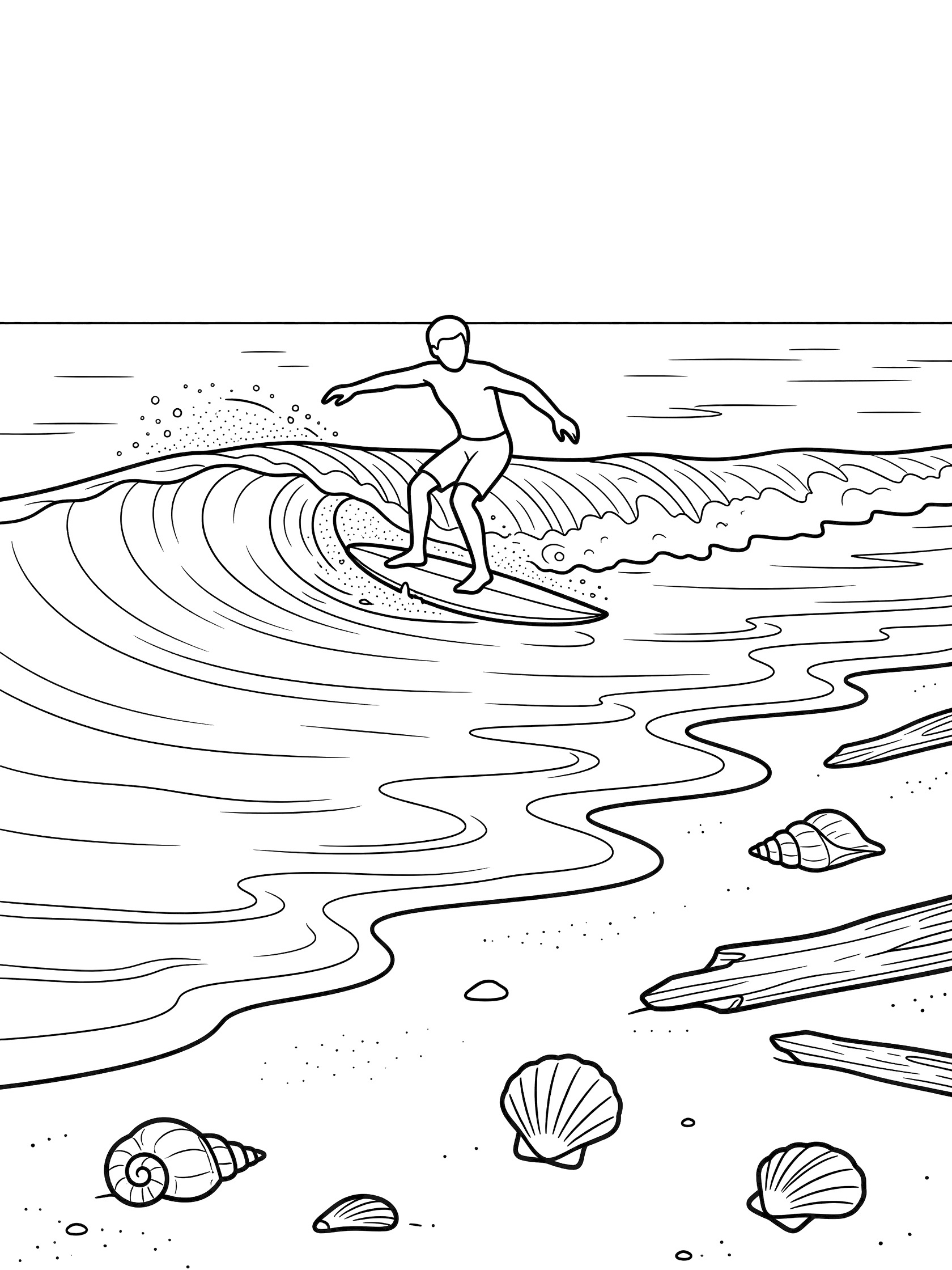 Line art coloring page showing a surfer on a short surfboard riding a shore break wave toward the beach with sand spray, seashells and driftwood.