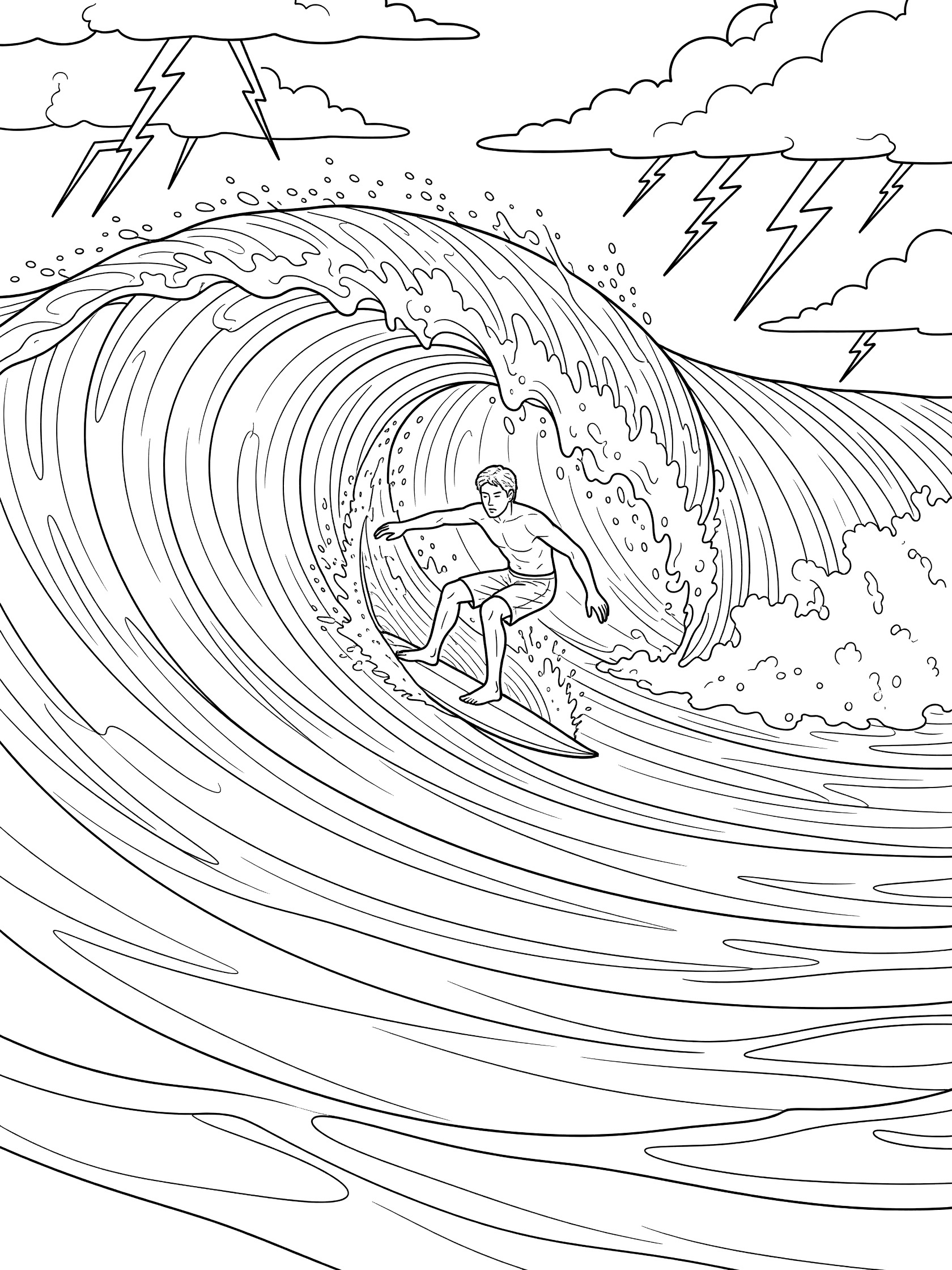 Black and white line art of a surfer in shortboarding bottom turn dropping down the face of a huge curling wave with racing foam and distant thunderclouds.