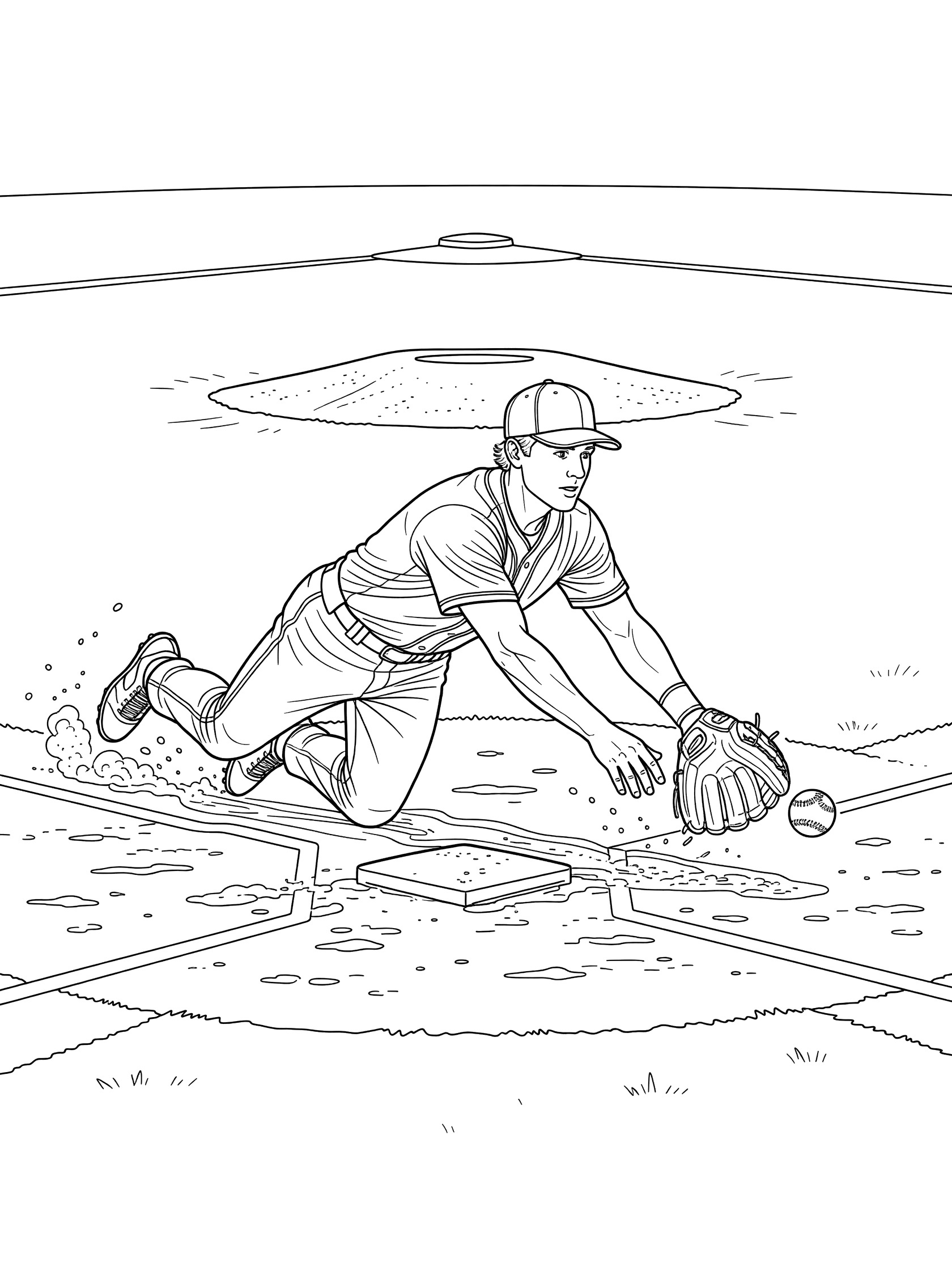 Black and white line art of baseball shortstop diving forward over dirt to catch line drive ball in his mitt, with pitcher's mound and base paths on field.