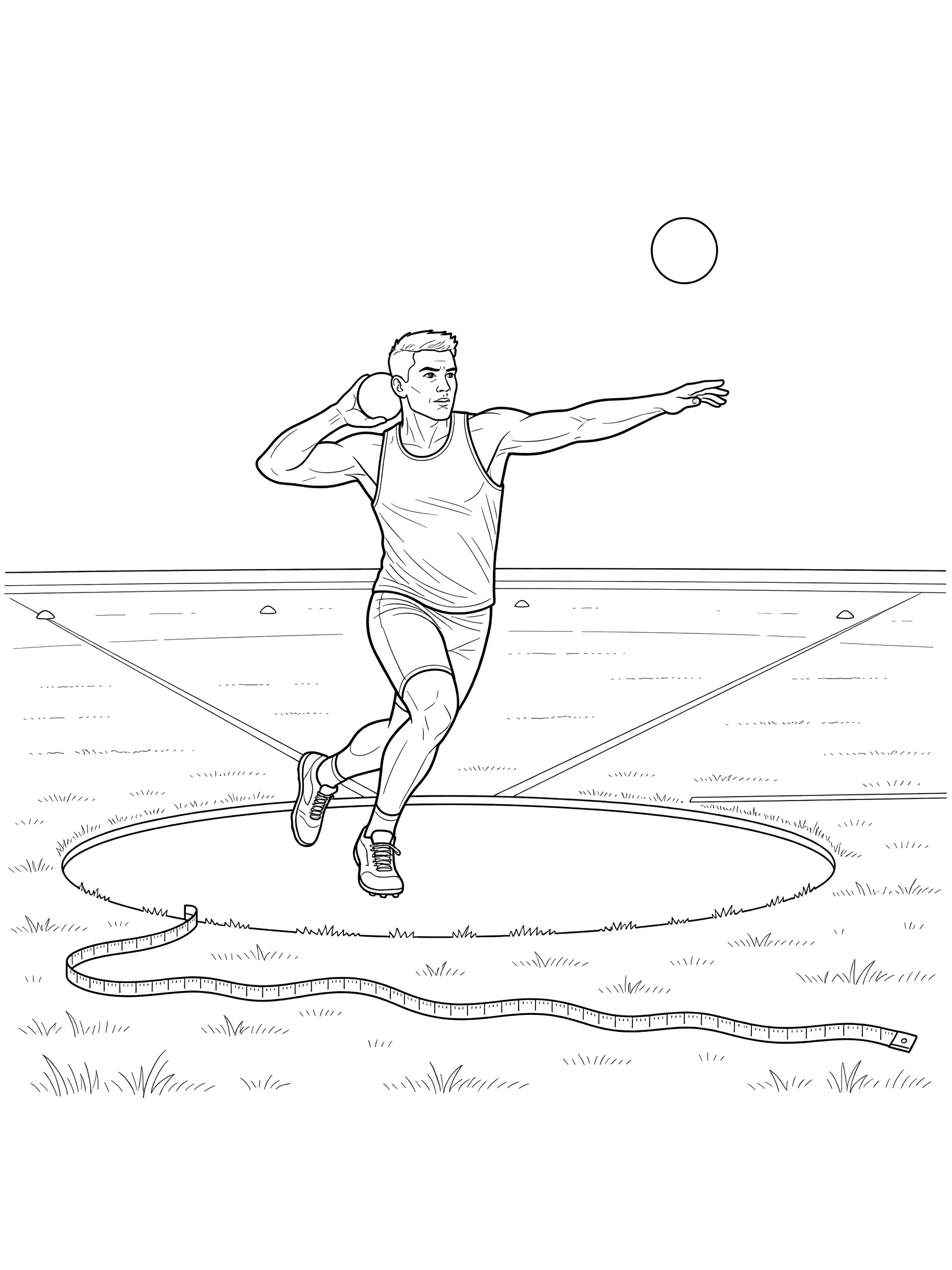 Black and white coloring page of shot put athlete in powerful glide stance releasing the shot put from the circle on grassy field with measuring tape.