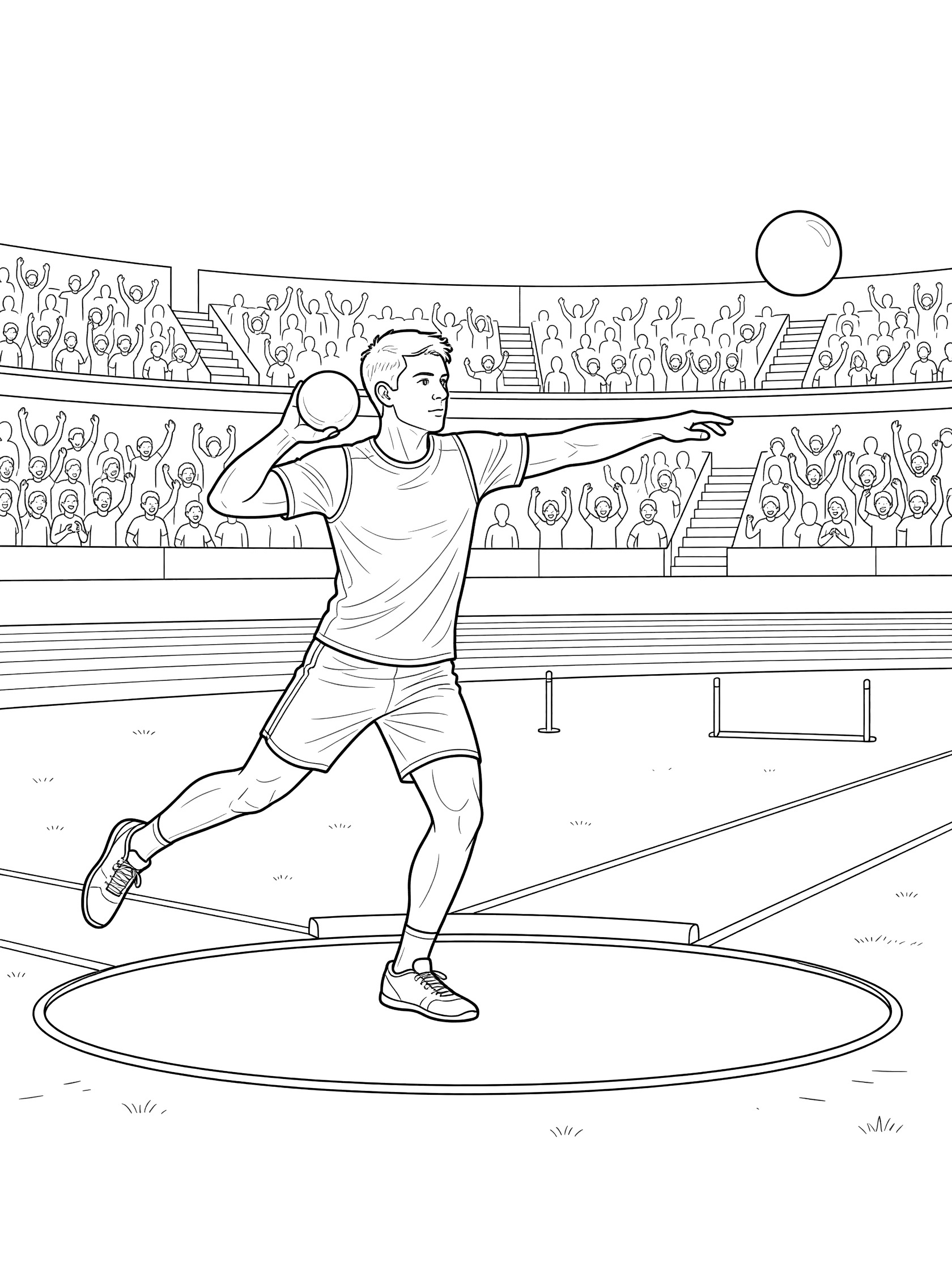 Black-and-white coloring page of a dynamic shot put throw by a young athlete in an outdoor stadium with spectators cheering.