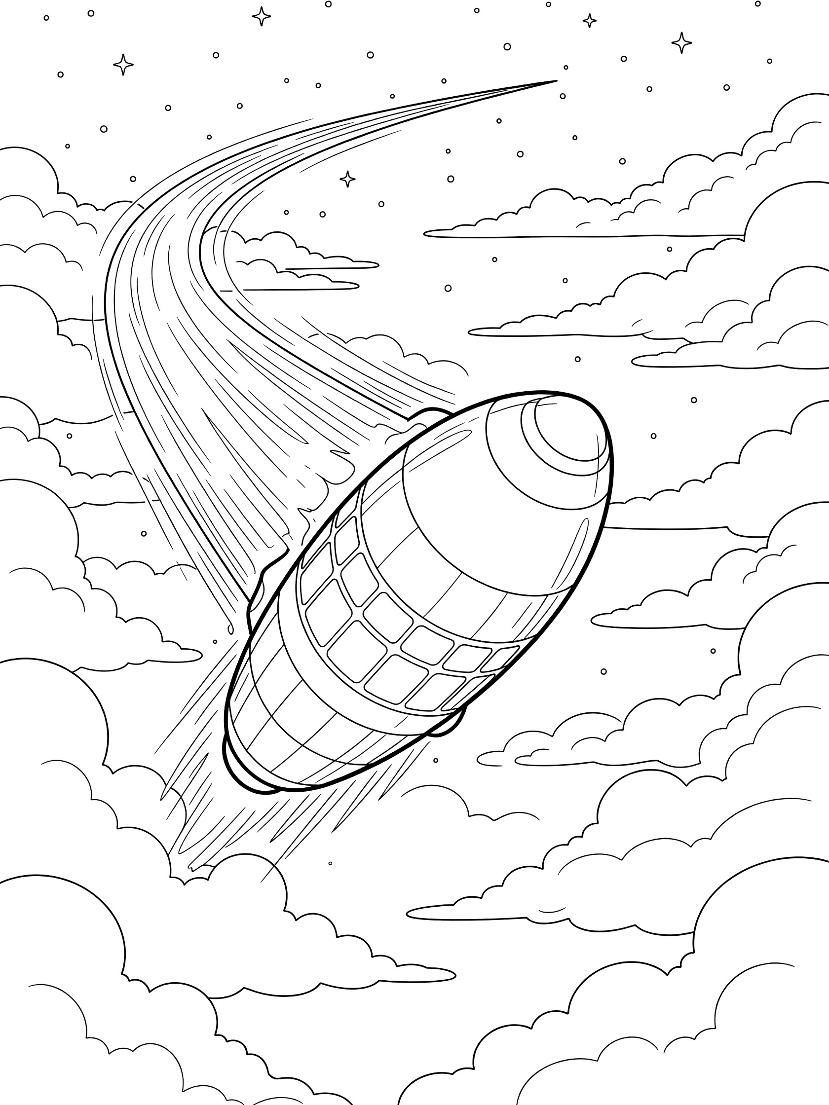 Line art coloring page showing a shuttle nose cone speeding through clouds with streak trail, stars and heat shield tiles visible.
