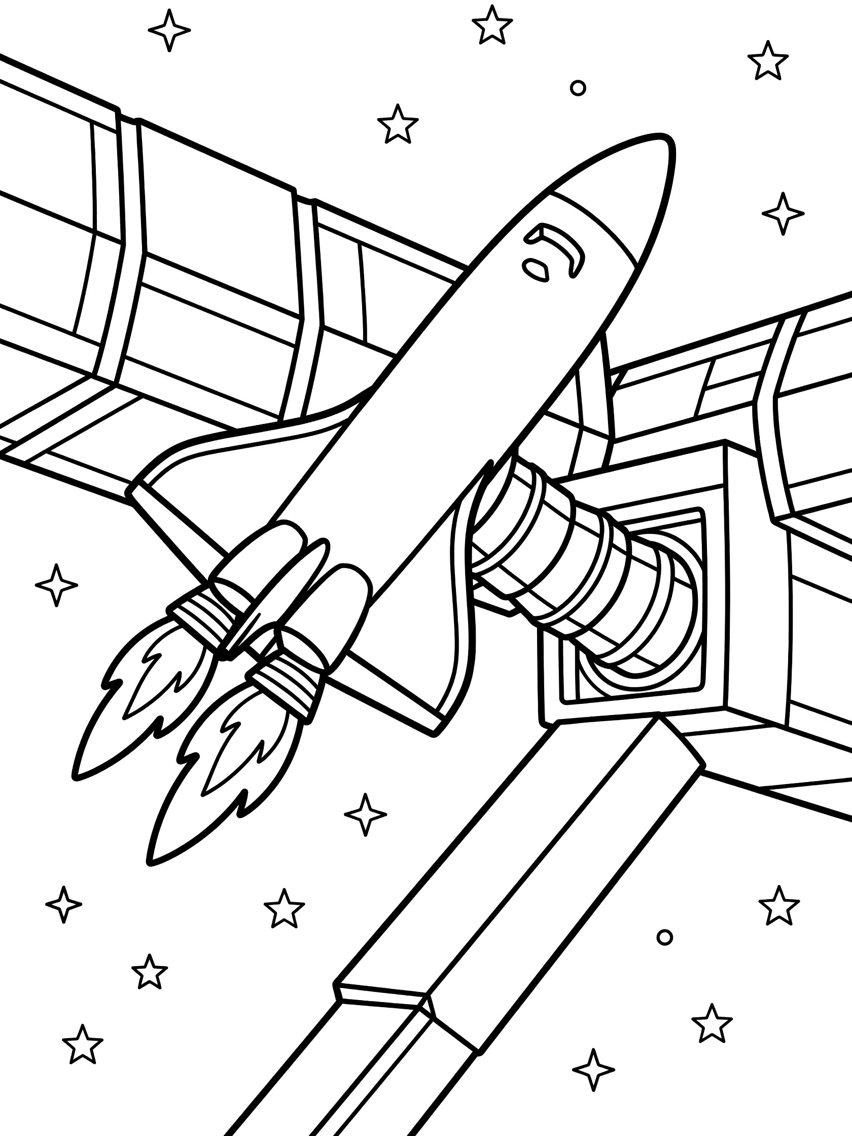Black-and-white coloring page showing a shuttle undocking from a space station docking port with igniting thrusters and starry background