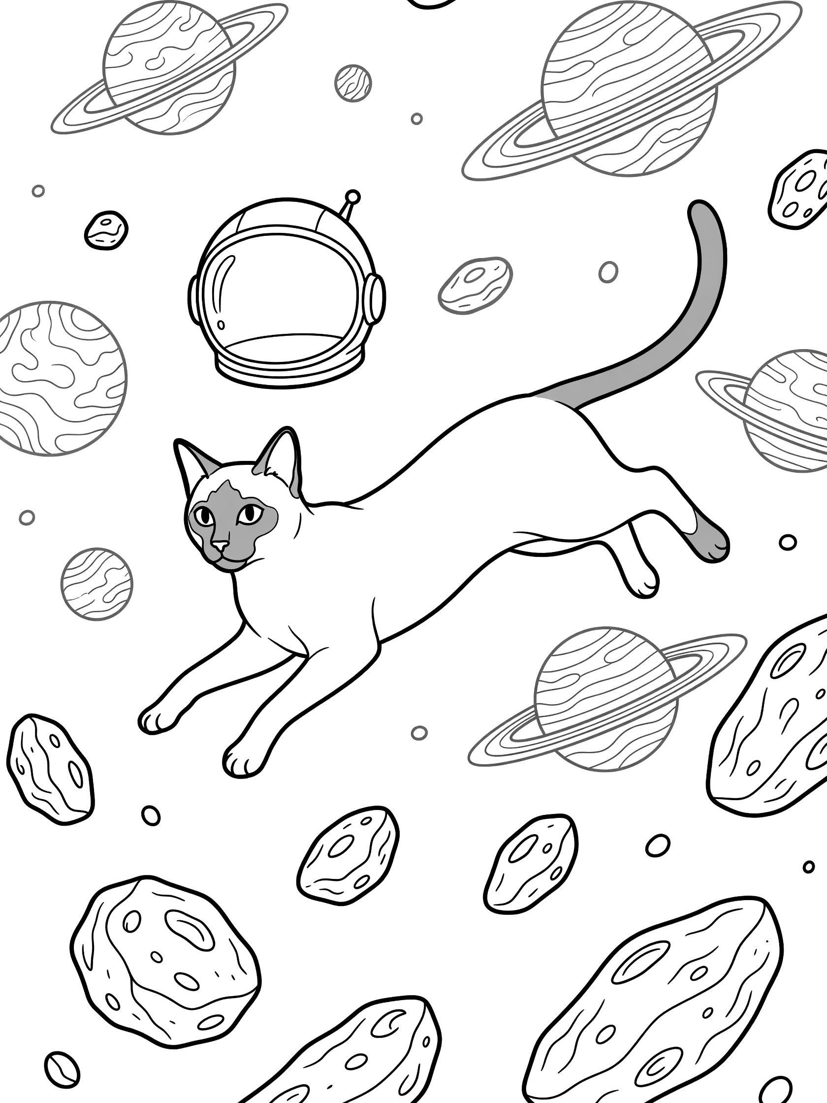 Black and white line art coloring page showing a detailed Siamese cat jumping in space wearing an astronaut outfit, surrounded by planets, asteroids, and a floating helmet. Siamese Cats themed black and white printable line art