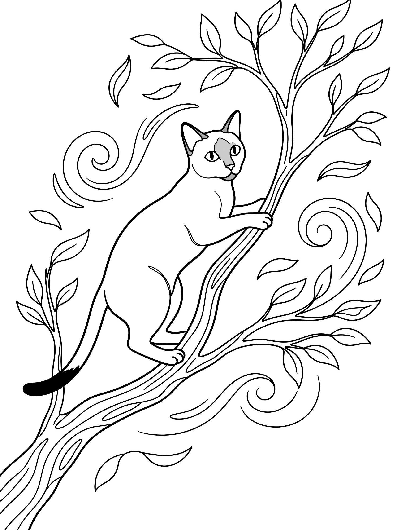 Black and white line art coloring page showing a Siamese cat with almond-shaped eyes and dark-tipped tail climbing a curly tree branch surrounded by swirling leaves. Siamese Cats themed black and white printable line art