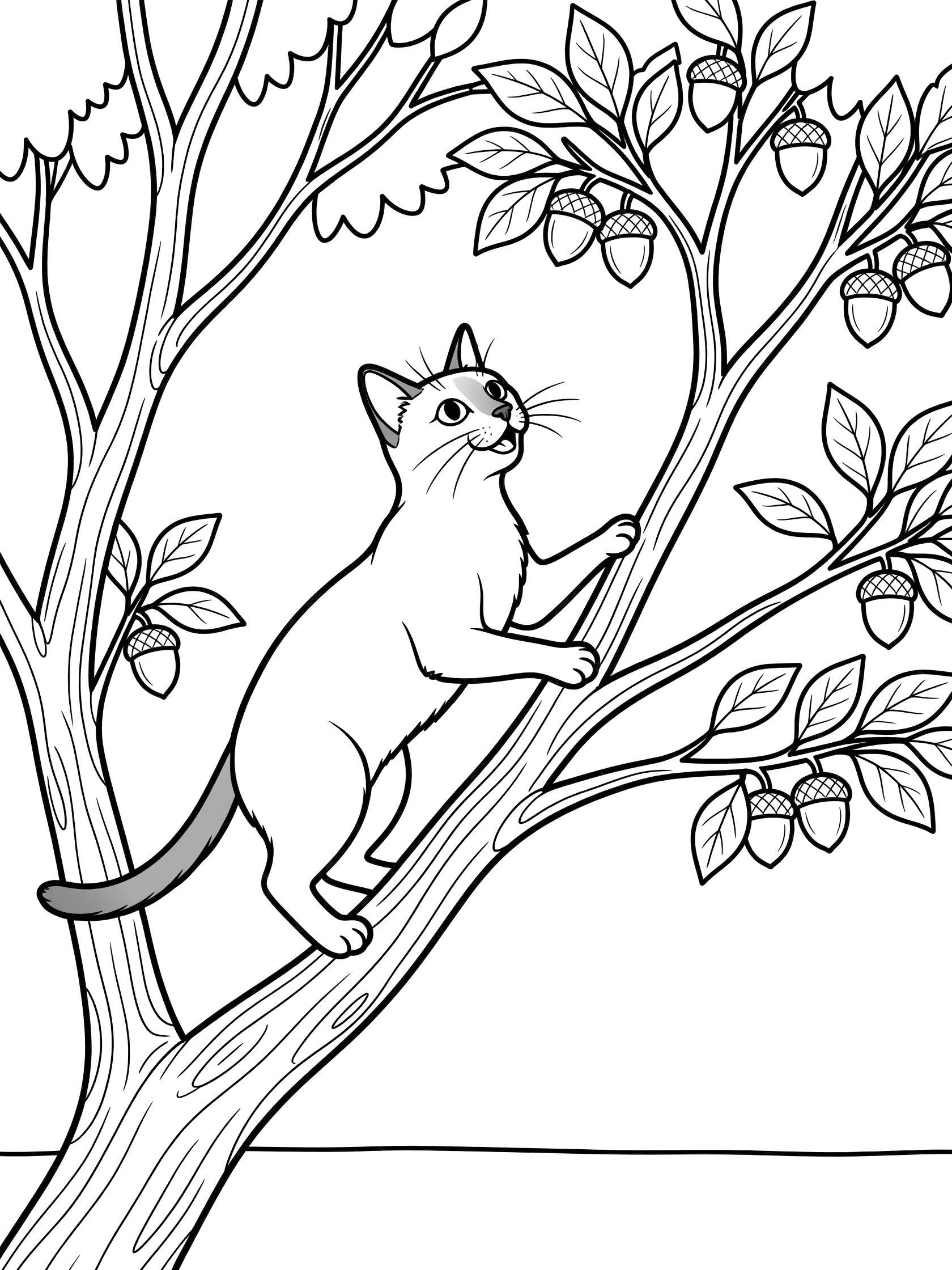 Black and white line art coloring page showing a Siamese cat climbing a tree branch with nearby leaves and acorns, pure white background.