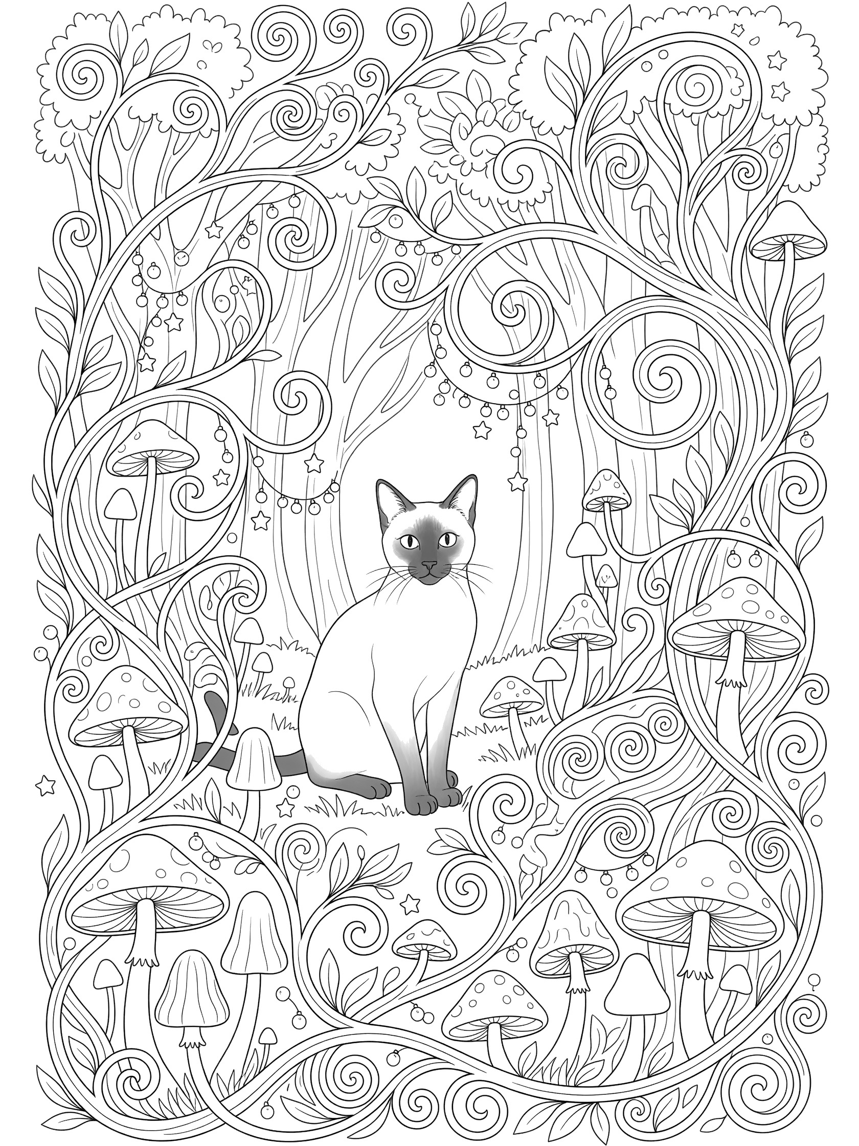 Black and white line art of a Siamese cat with dark points sitting in a forest glade surrounded by mushrooms, swirling vines and leaves. Siamese Cats themed black and white printable line art