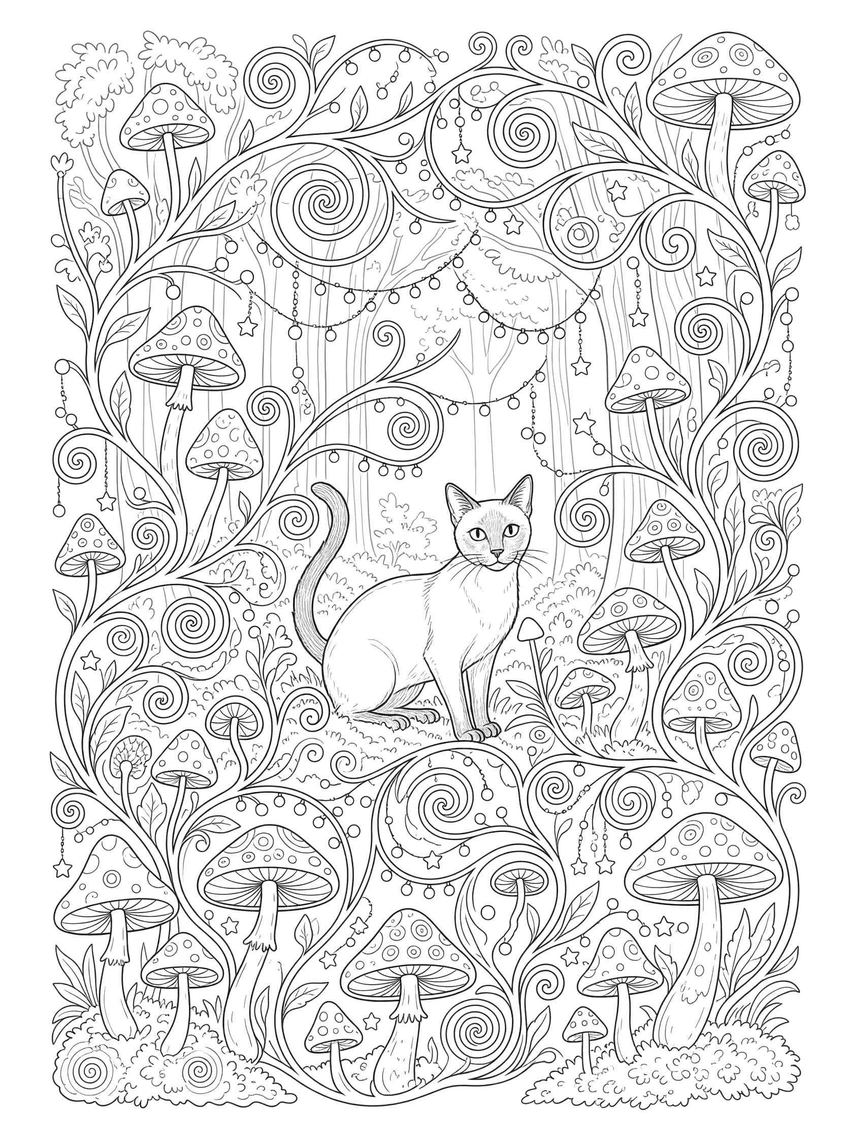 Black and white line art coloring page showing a Siamese cat with dark points sitting among swirling vines, mushrooms and hanging fairy lights in a forest glade. Siamese Cats themed black and white printable line art
