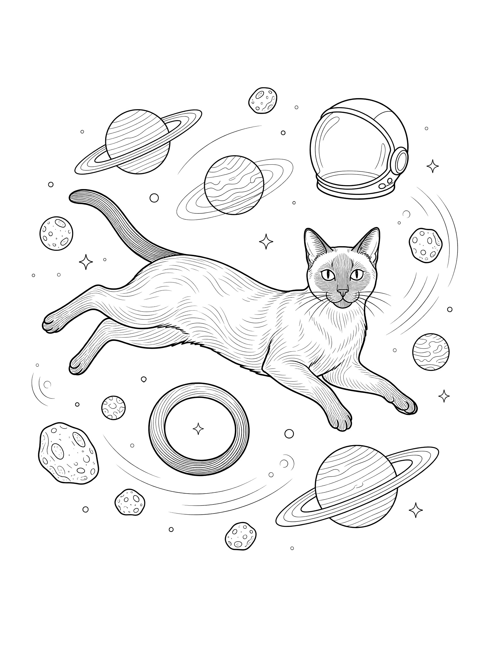 Black and white line art coloring page showing a detailed Siamese cat with dark points, elongated body, floating in space surrounded by round planets, rocky asteroids, and a round astronaut helmet. Siamese Cats themed black and white printable line art