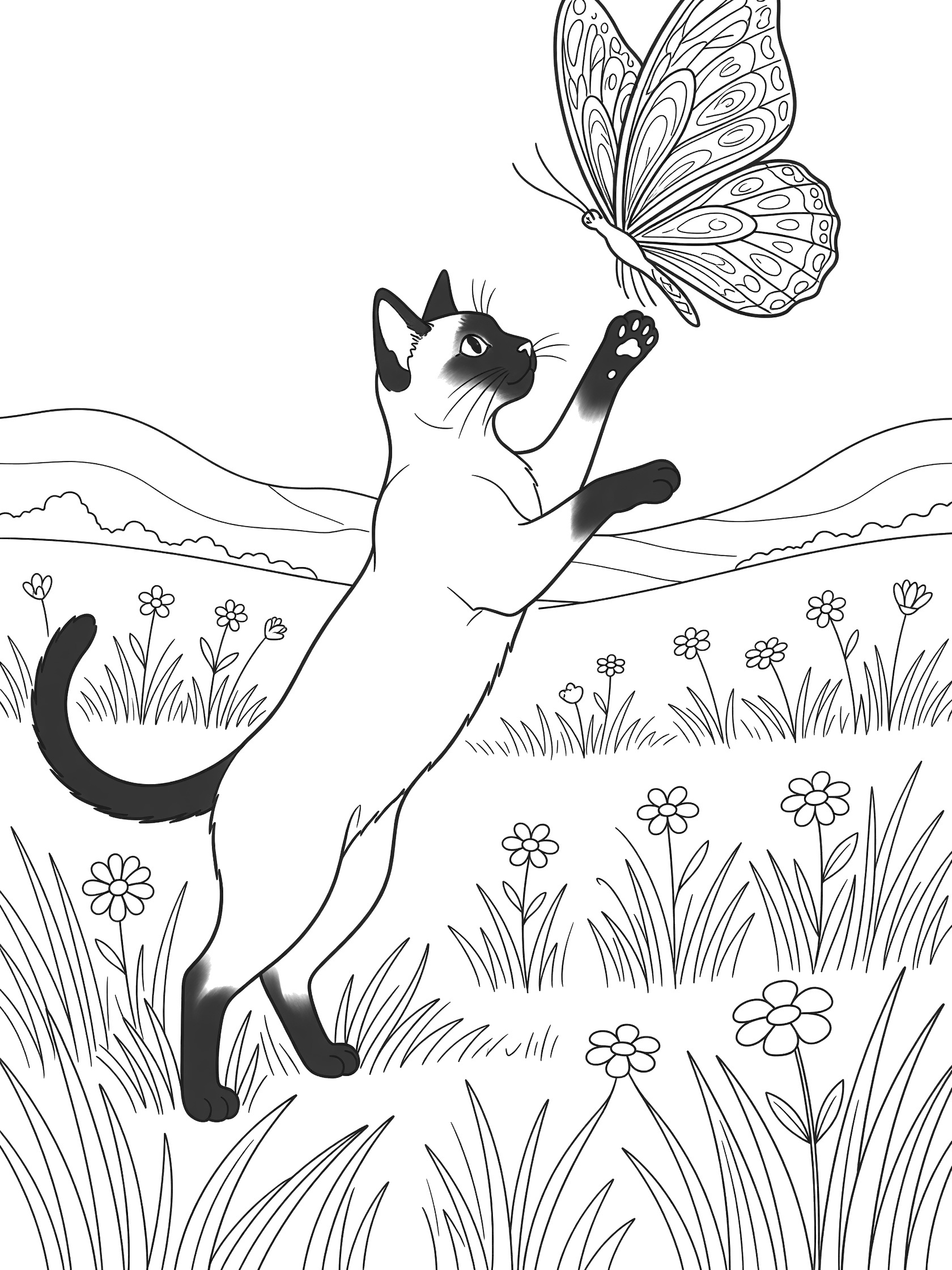 Black and white line art of a sleek Siamese cat on hind legs pawing at a large patterned butterfly amid grass and flowers. Siamese Cats themed black and white printable line art