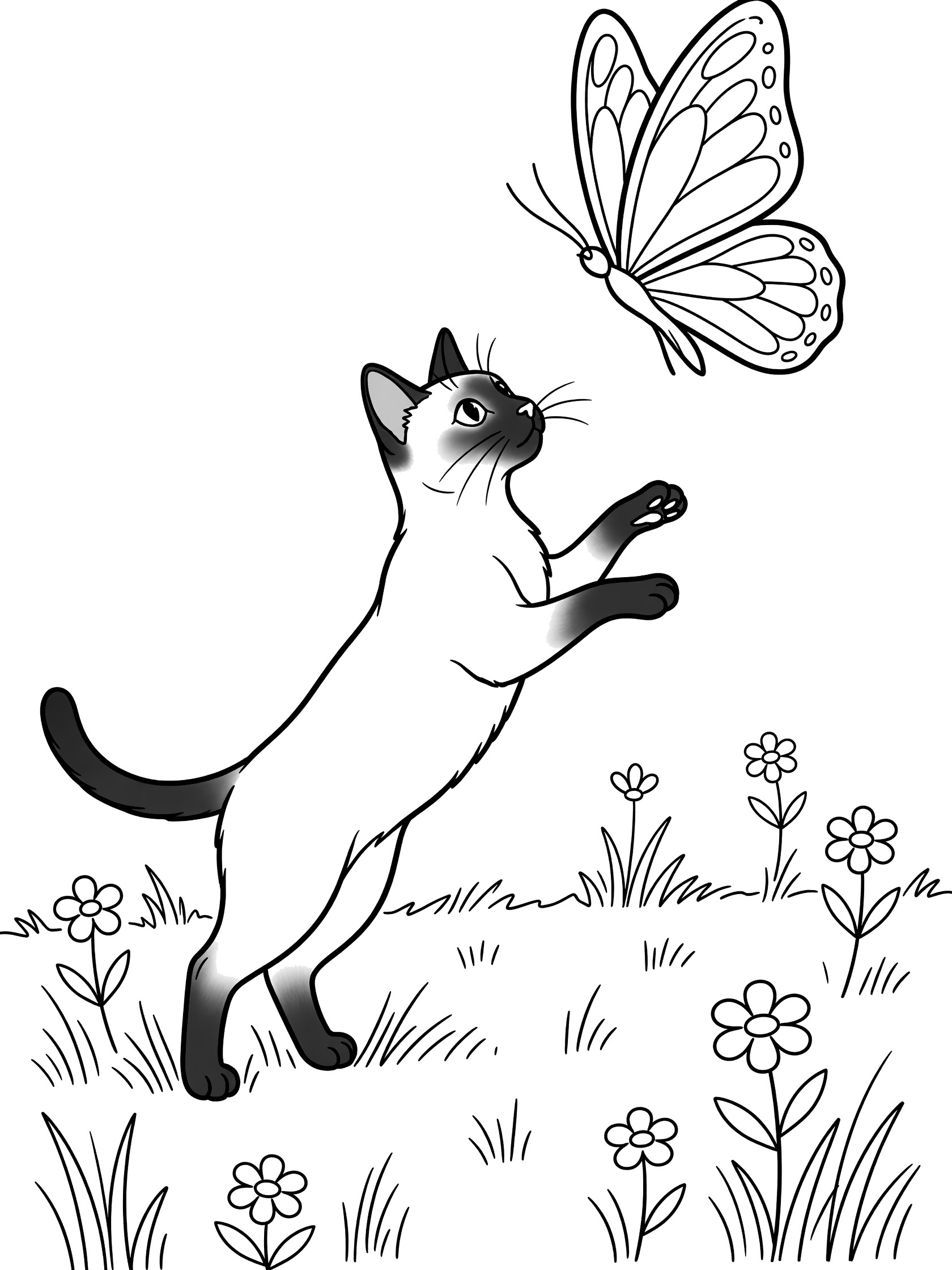 Black and white line art coloring page showing a slender Siamese cat with point markings jumping high with front paws outstretched toward a large butterfly with detailed wings, surrounded by simple grass blades and small flowers on a white background. Siamese Cats themed black and white printable line art
