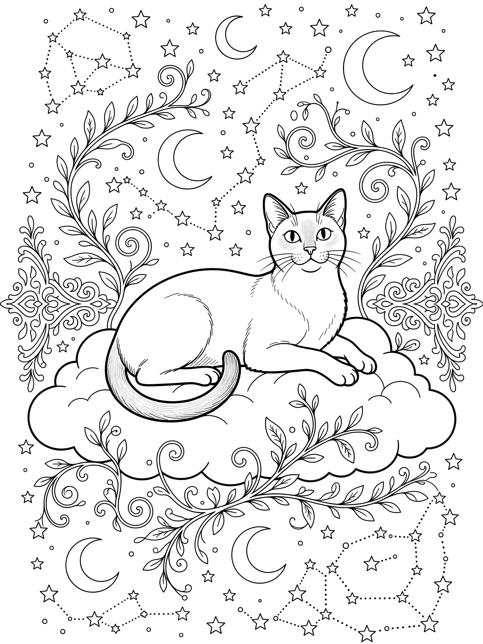 Black and white line art coloring page featuring a majestic Siamese cat lounging on a fluffy cloud, surrounded by swirling stars, moons, and vines in a night sky with symmetrical patterns.