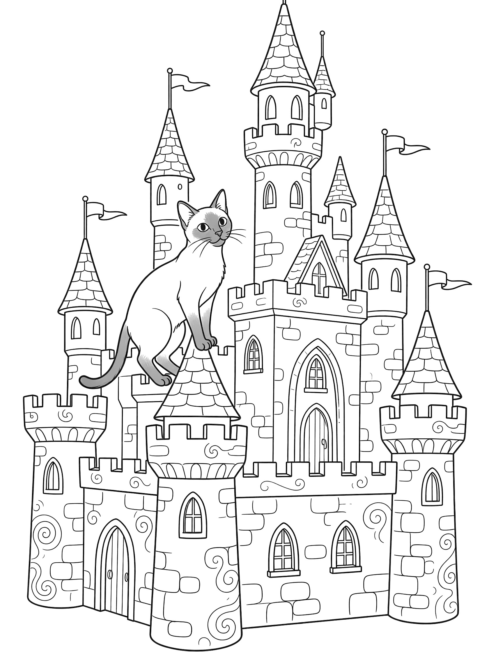 Black and white line art coloring page showing a Siamese cat sitting on top of a fairy castle turret, gazing out with towers, flags, and doodle swirls.