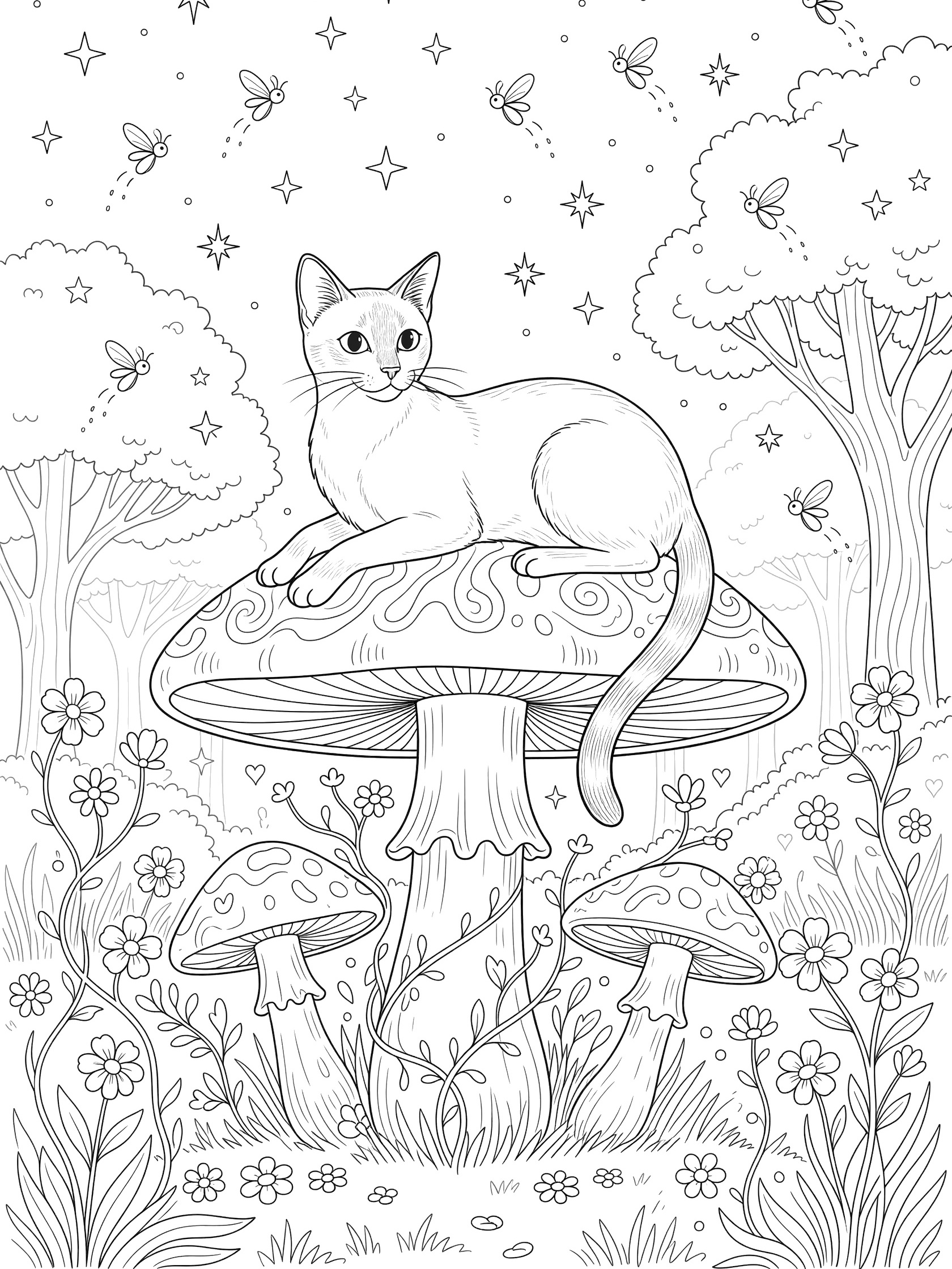 Black and white line art coloring page featuring a Siamese cat on a giant mushroom under stars and fireflies in an enchanted forest with vines and flowers. Siamese Cats themed black and white printable line art
