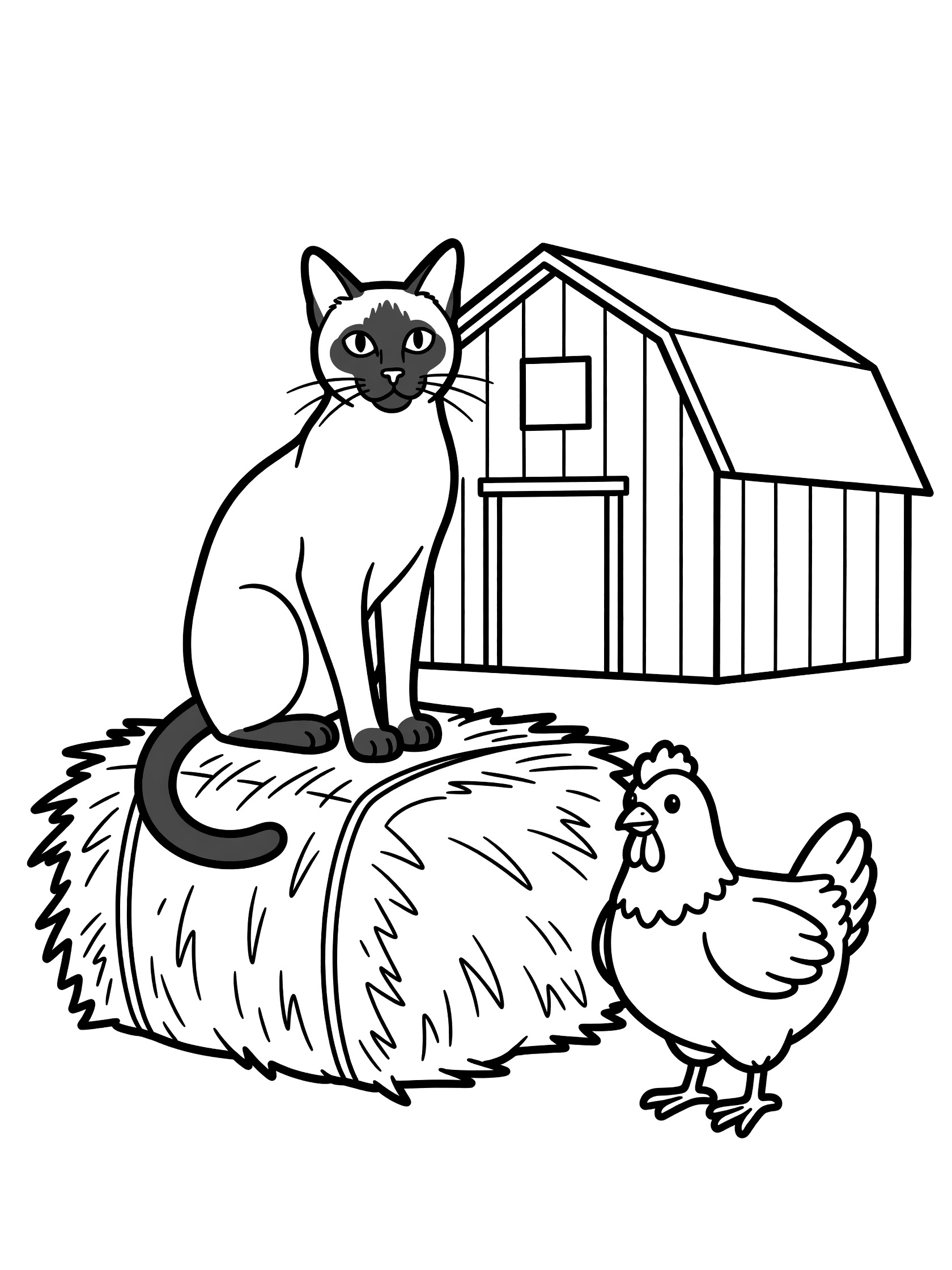 Black and white line art coloring page showing a Siamese cat with dark ears and paws sitting on a hay bale beside a wooden barn and a chicken. Siamese Cats themed black and white printable line art