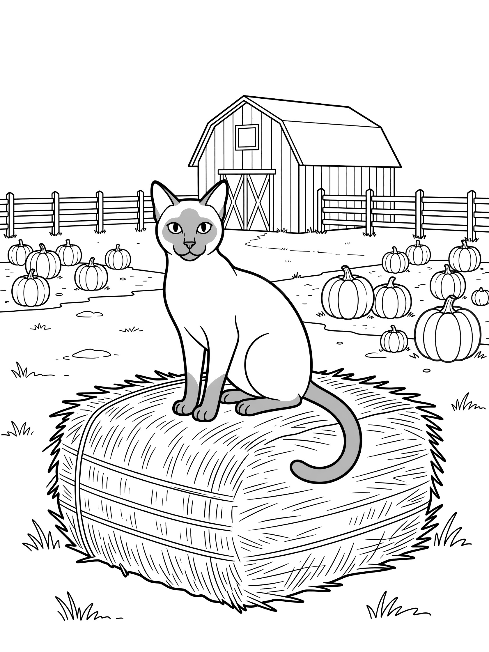 Black and white line art of a Siamese cat on a hay bale surrounded by pumpkins, a wooden fence, and a barn in a farm scene, coloring book style. Siamese Cats themed black and white printable line art
