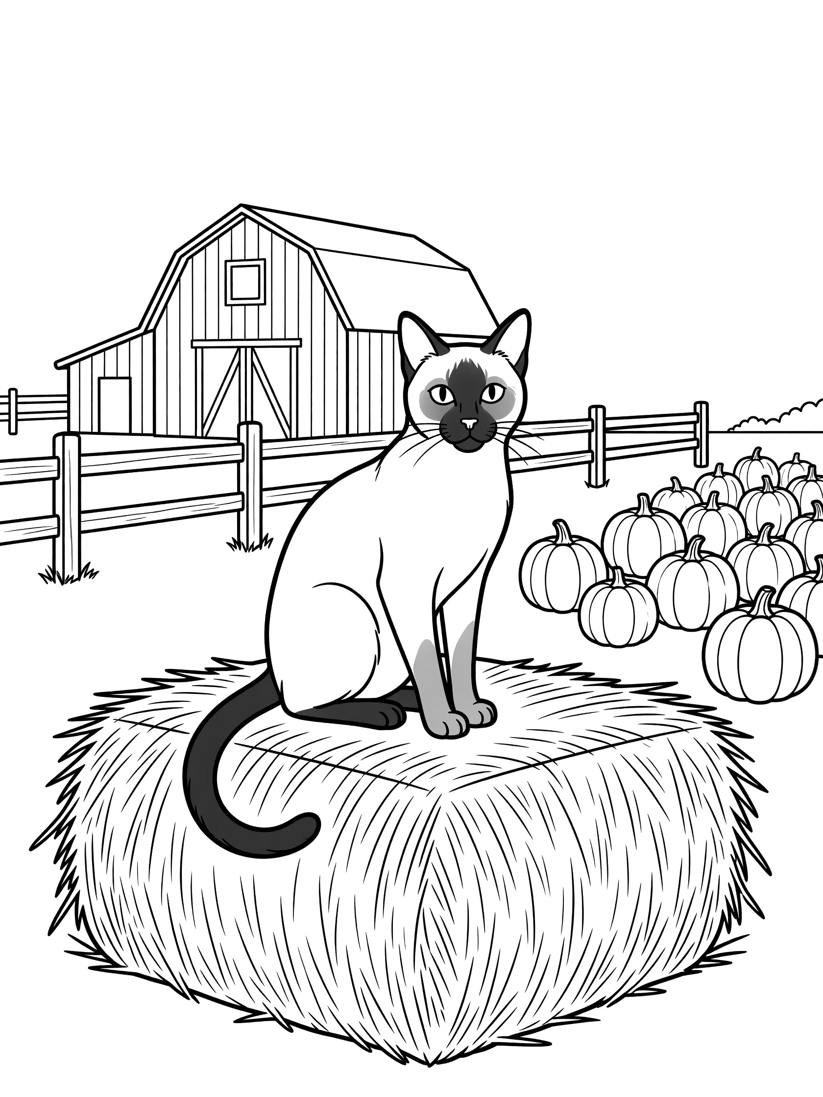 Black and white line art of a Siamese cat with pointy ears and blue eyes sitting on a square hay bale, tail curled around, pumpkins in front, wooden fence and barn behind, farm coloring page. Siamese Cats themed black and white printable line art