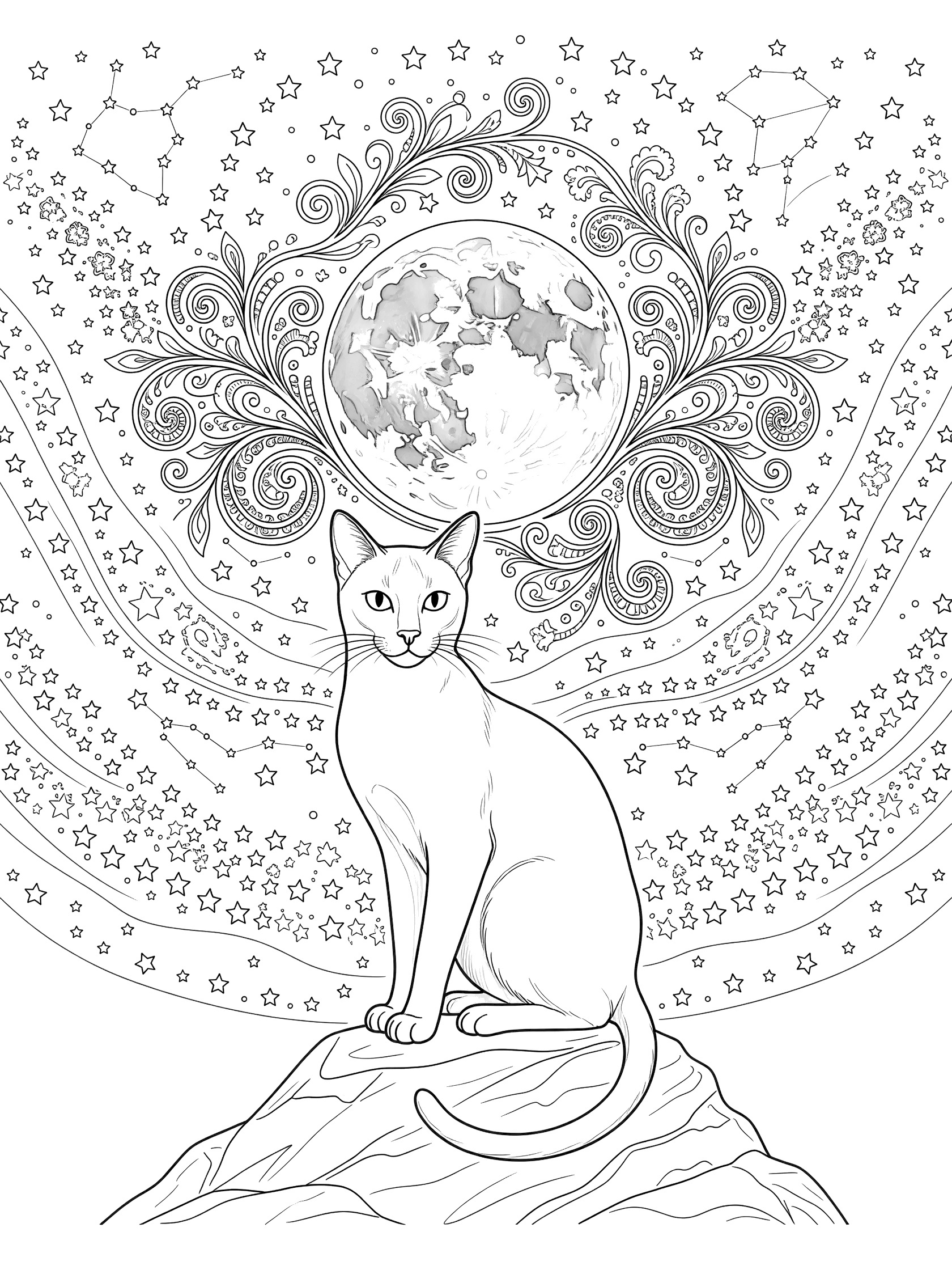 Black and white line art of a Siamese cat sitting on a rock beneath a large full moon, surrounded by stars and swirling vine patterns in a night sky design. Siamese Cats themed black and white printable line art