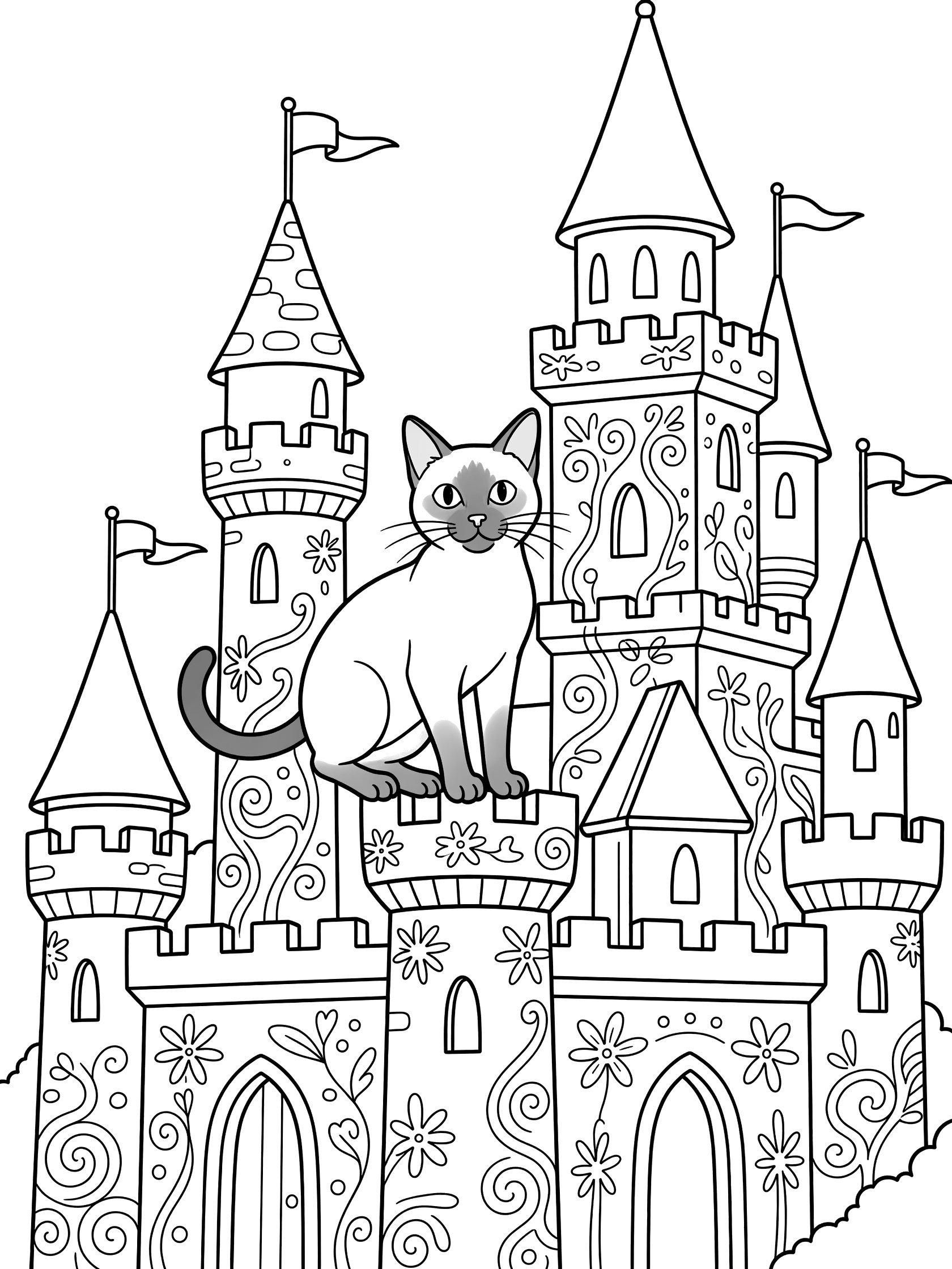 Line art coloring page showing a Siamese cat sitting on a castle tower, gazing out with towers, flags, and doodle swirls in clean black outlines. Siamese Cats themed black and white printable line art