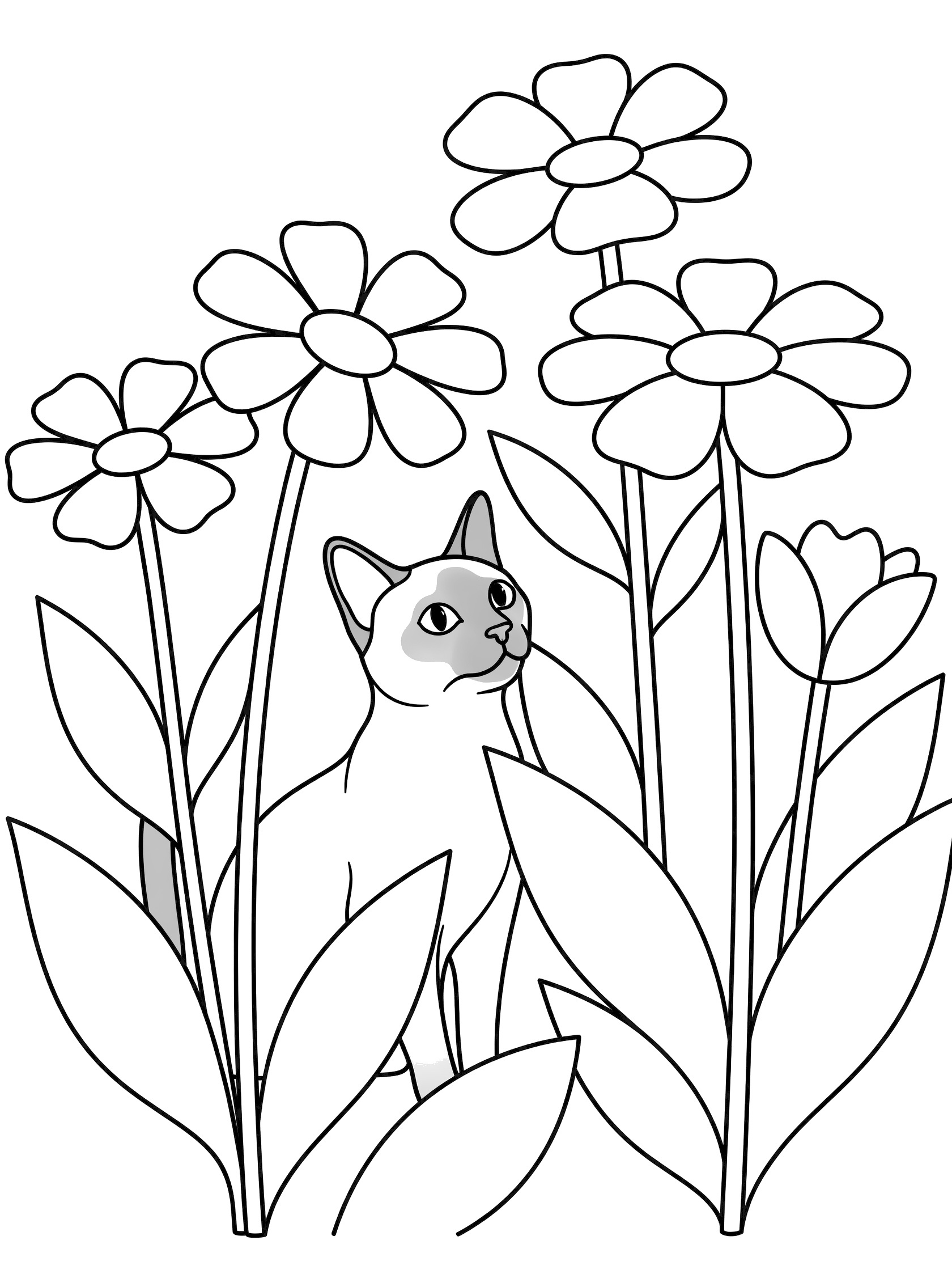 Black and white line art of a Siamese cat with pointy ears peeking from behind tall flower stems and large leaves. Siamese Cats themed black and white printable line art