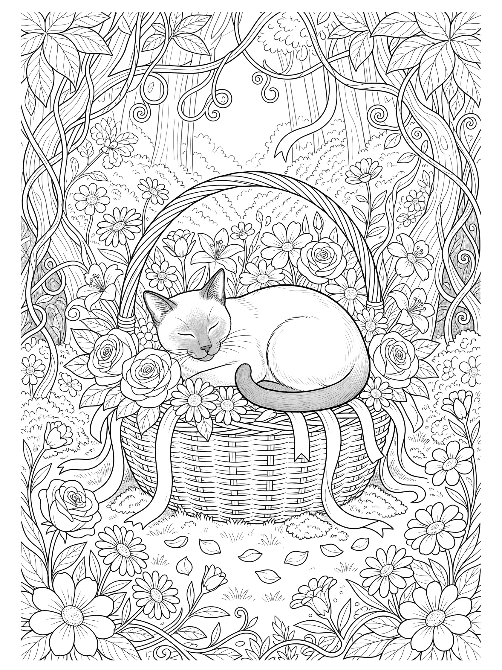 Black and white line art of a Siamese cat sleeping curled up in a woven basket overflowing with roses, daisies, ribbons, and surrounded by twisty vines and leaves. Siamese Cats themed black and white printable line art