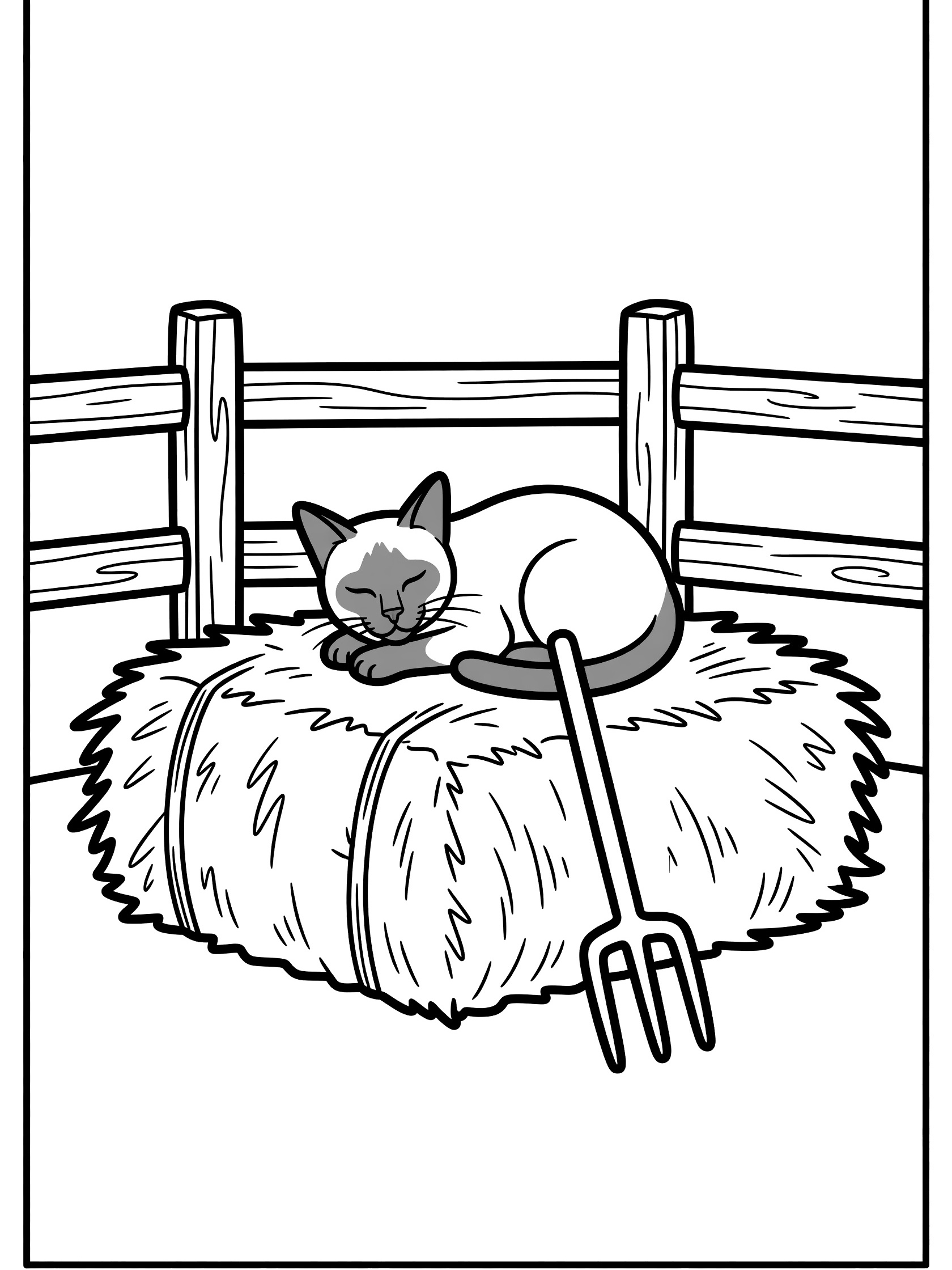 Black and white coloring page showing a Siamese cat sleeping on a hay bale next to a wooden fence and pitchfork