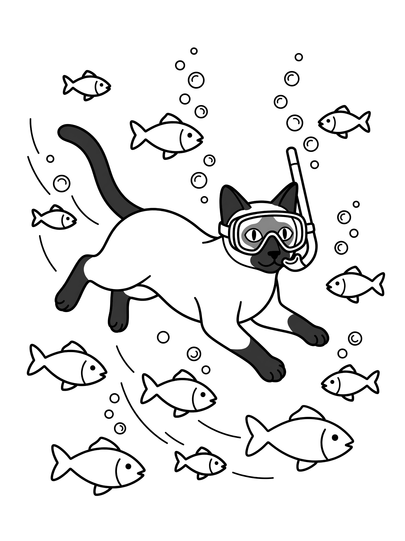 Black and white line art coloring page showing a Siamese cat wearing a snorkel mask and breathing tube, swimming underwater with fish and bubbles around it. Siamese Cats themed black and white printable line art
