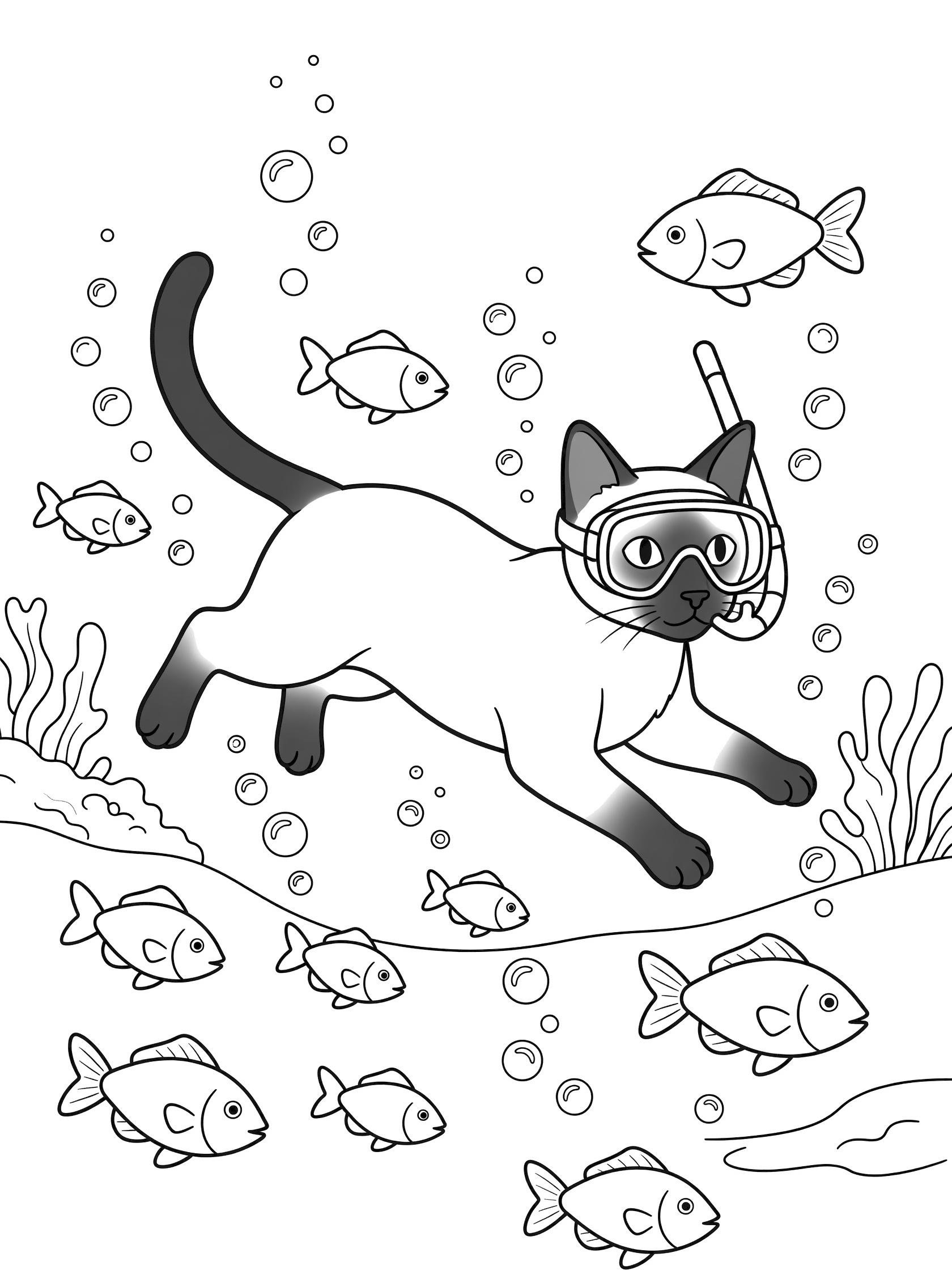 Black and white line art coloring page showing a Siamese cat in a snorkel mask swimming with fish, bubbles, and seaweed underwater. Siamese Cats themed black and white printable line art