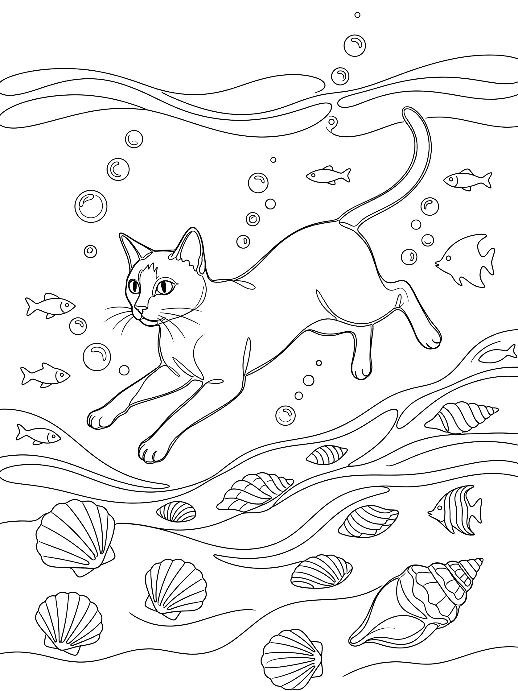 Printable coloring page showing a Siamese cat swimming underwater with bubbles, fish, seashells, and wavy sea patterns in clean line art. Siamese Cats themed black and white printable line art