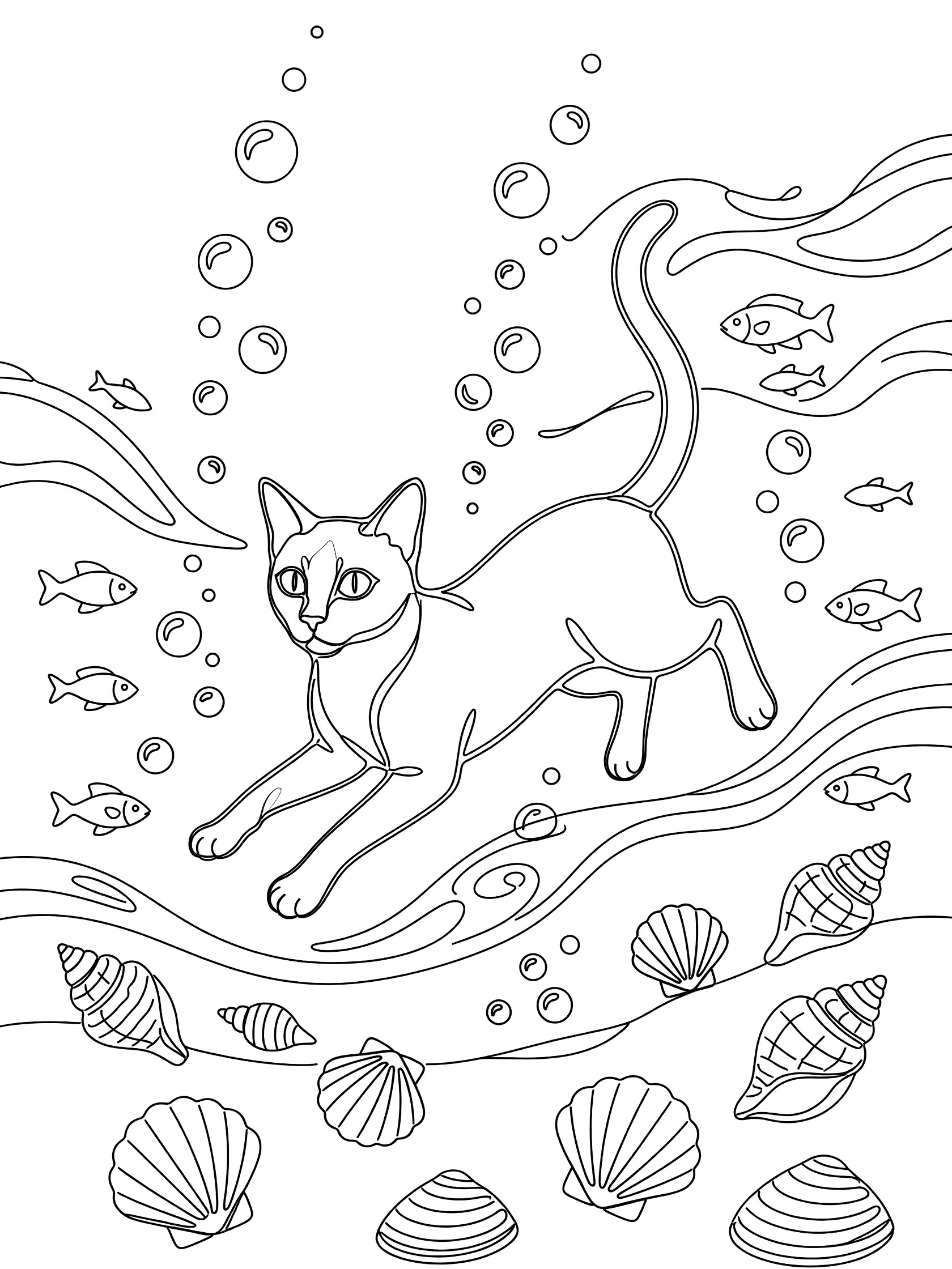 Printable coloring page showing a Siamese cat swimming among bubbles, fish and seashells in an underwater scene with clean line art.