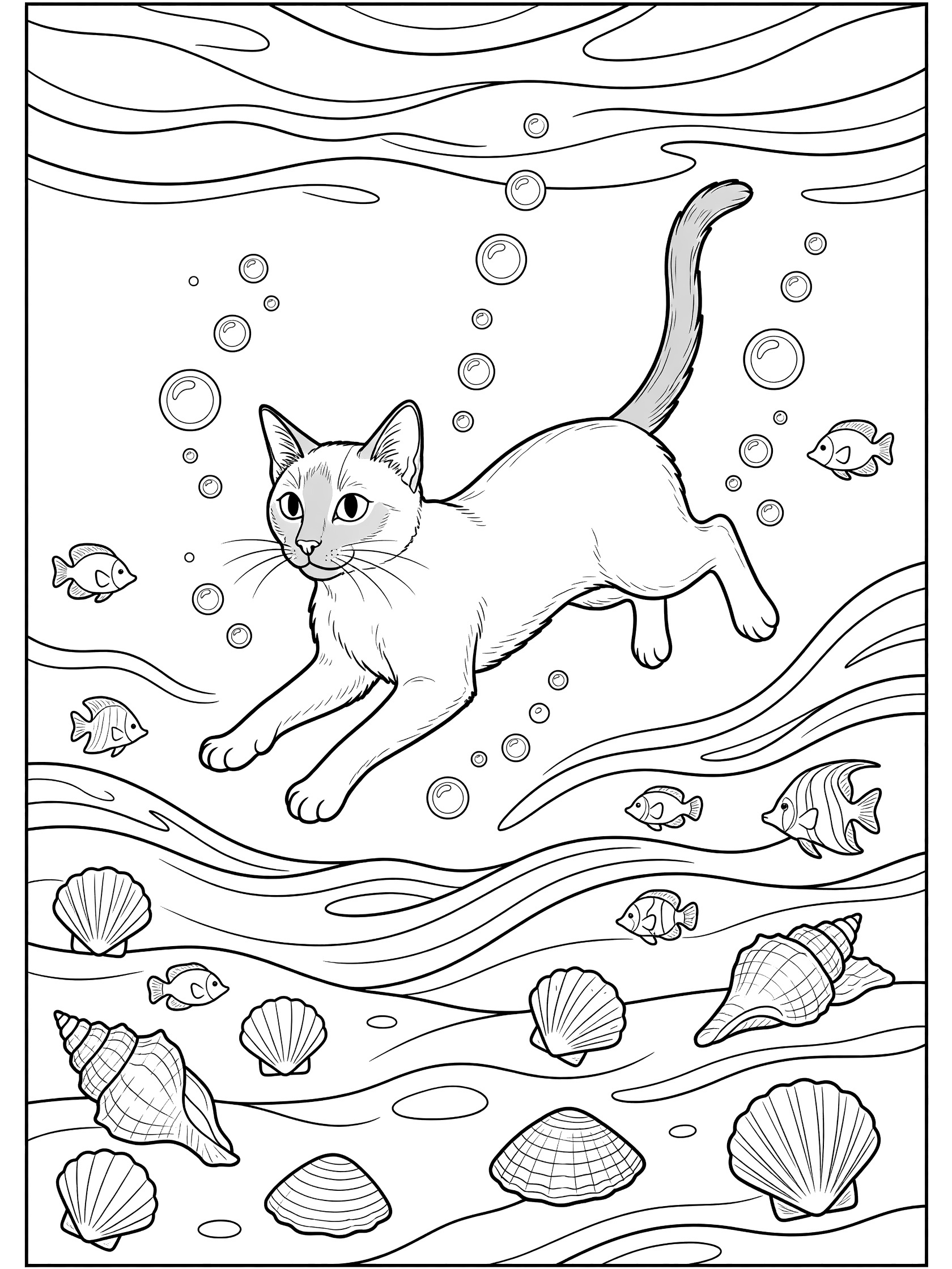 Printable coloring page showing a Siamese cat swimming among bubbles, fish, and seashells in an underwater scene with wavy water lines.