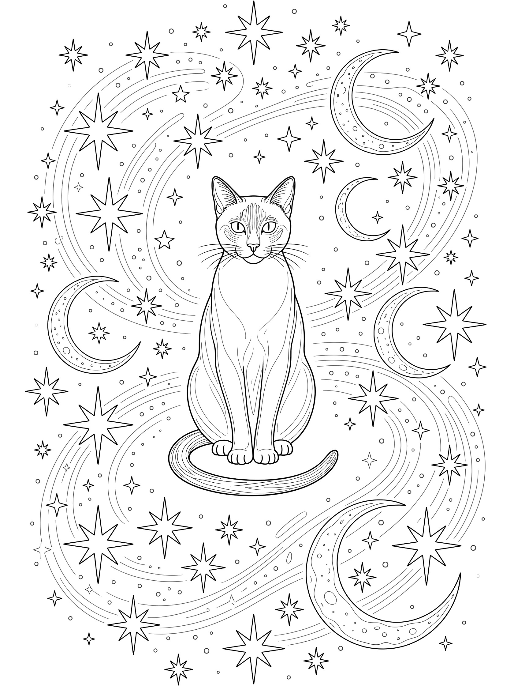 Black and white line art coloring page featuring a detailed Siamese cat with blue eyes sitting amid symmetric swirling stars and crescent moons on a pure white background.