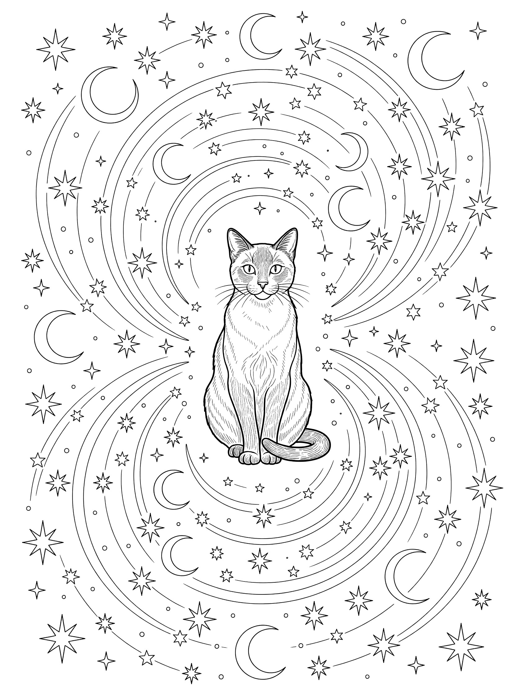 Black and white line art coloring page featuring a sitting Siamese cat with swirling stars and crescent moons in a symmetric dreamy design.
