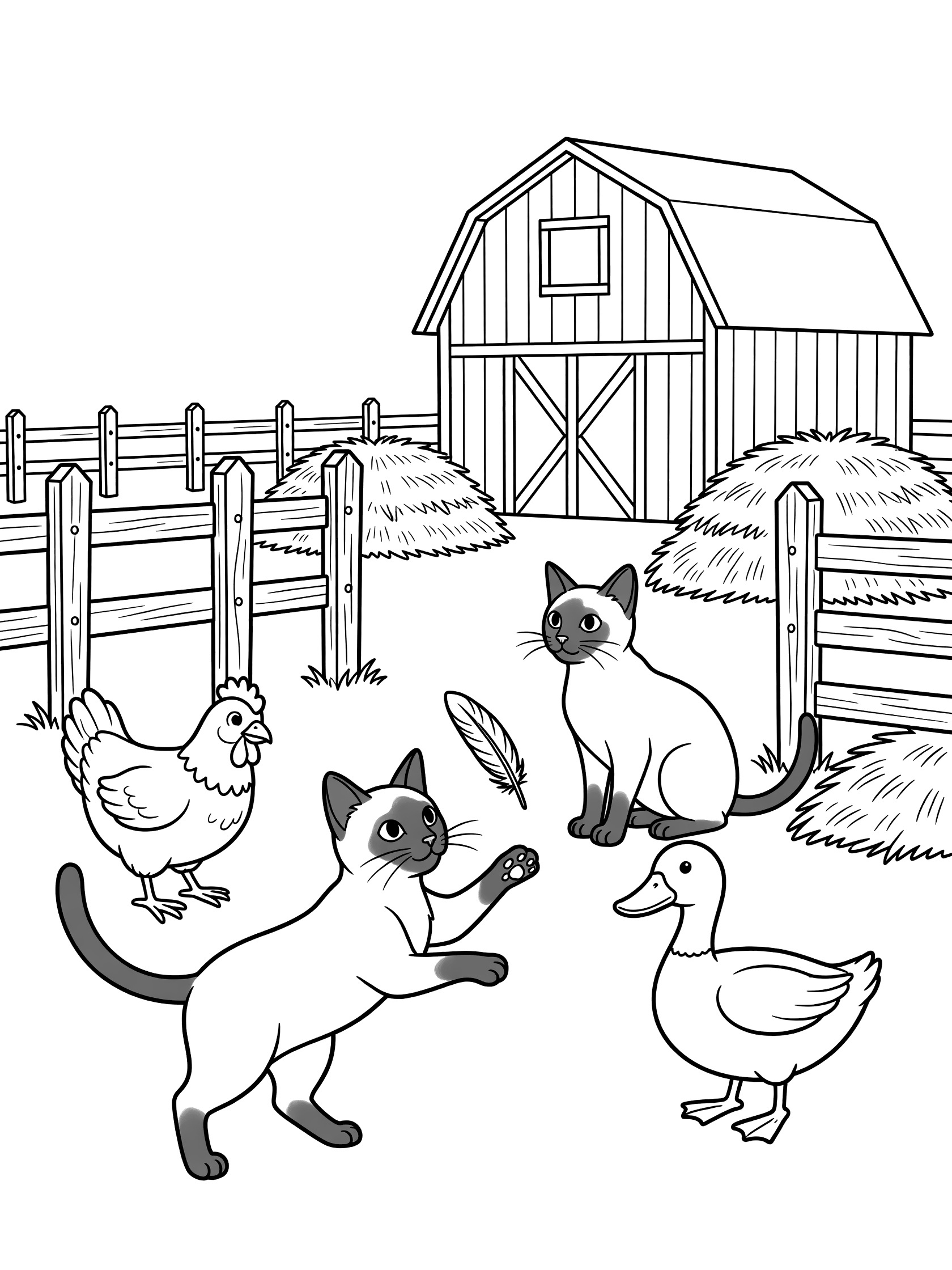 Printable coloring page showing two Siamese cats, one batting a feather, with a chicken and duck near a red barn, haystacks and fence