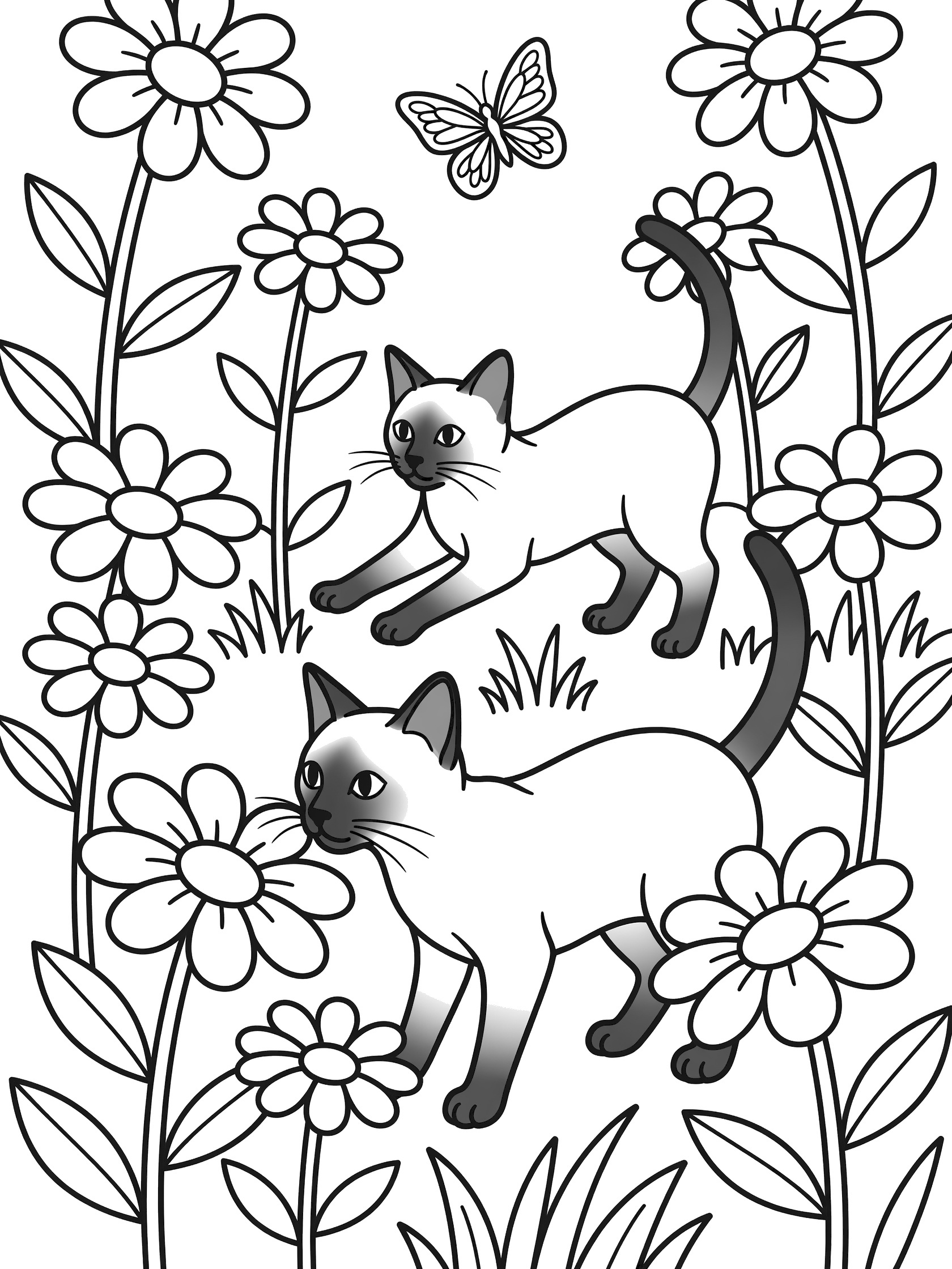 Printable coloring page with two Siamese cats in a garden of tall flowers and a butterfly above, clean line art for kids.