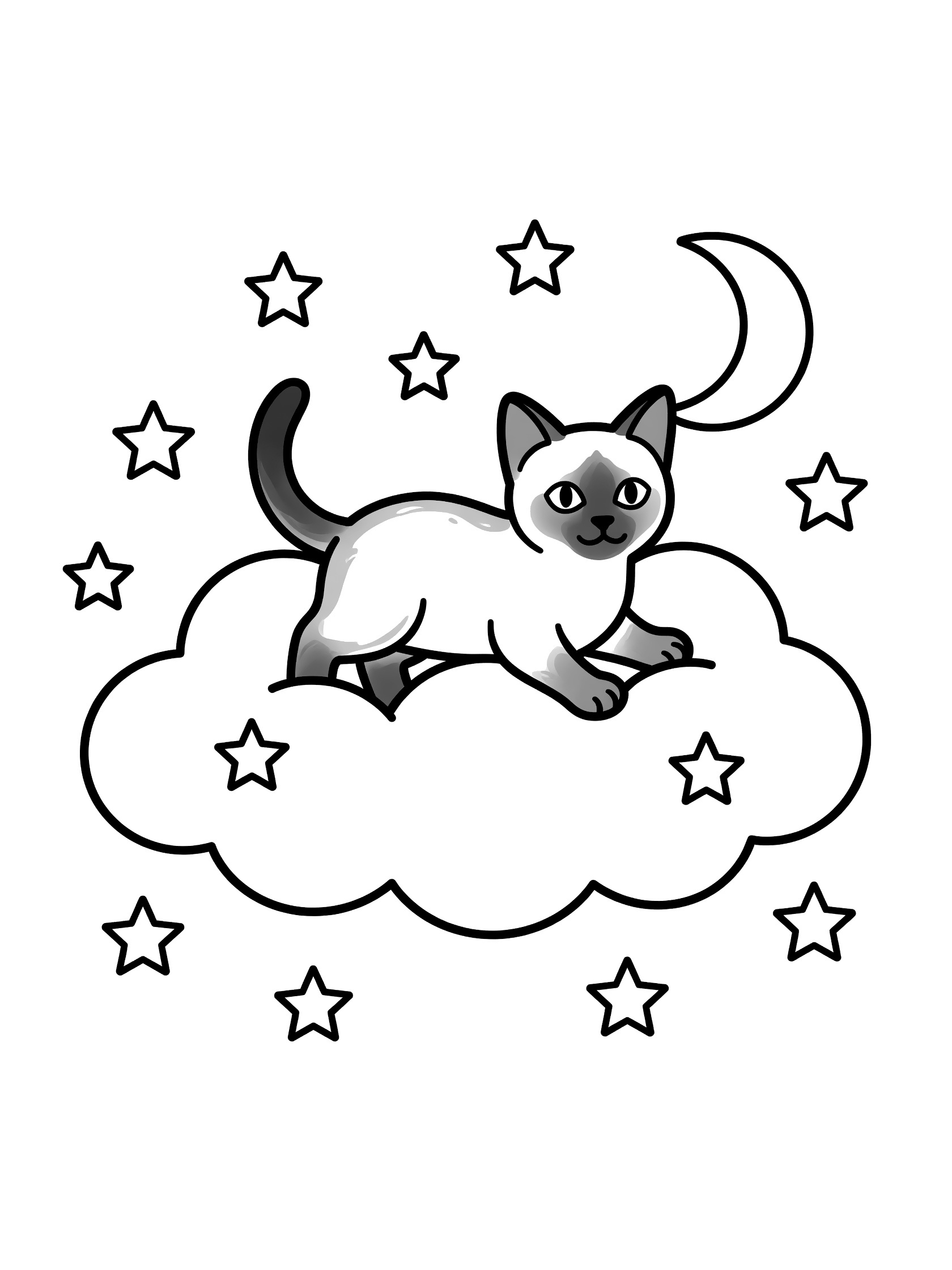 Black and white coloring page of a Siamese kitten with dark points on a fluffy cloud, surrounded by stars and a crescent moon. Siamese Cats themed black and white printable line art