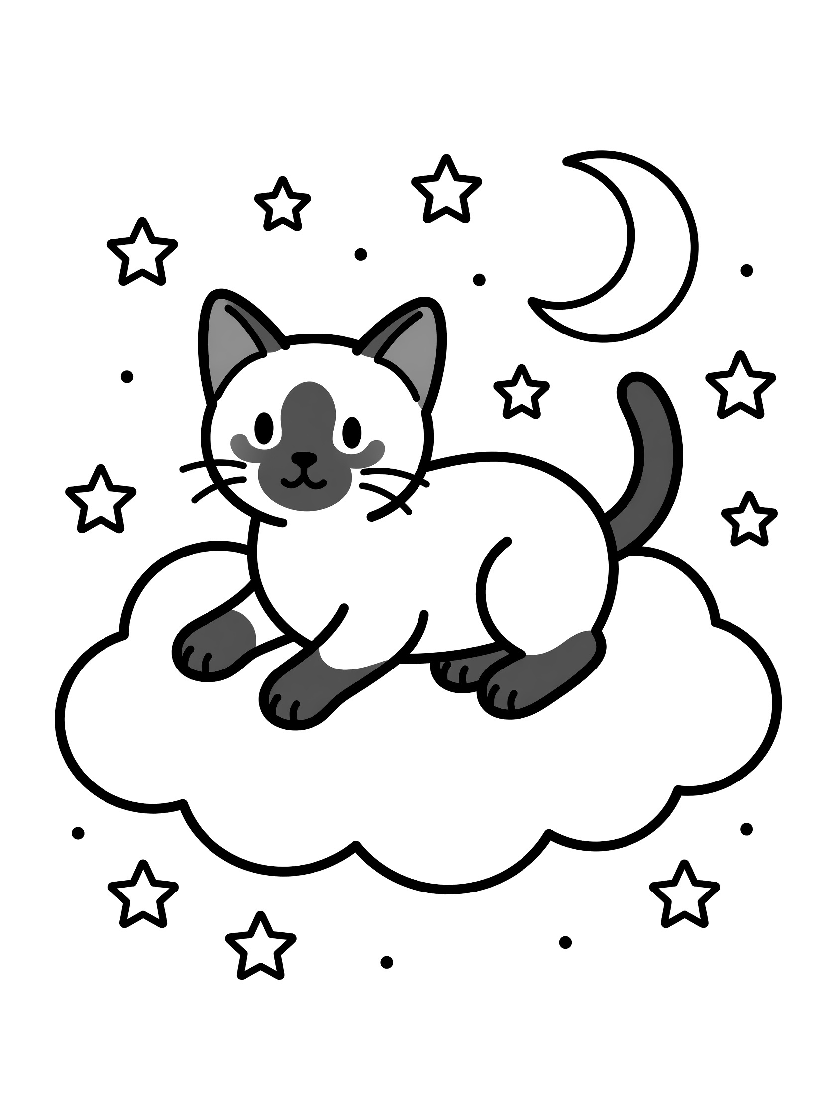Black and white coloring page of a Siamese kitten on a cloud surrounded by stars and crescent moon. Siamese Cats themed black and white printable line art