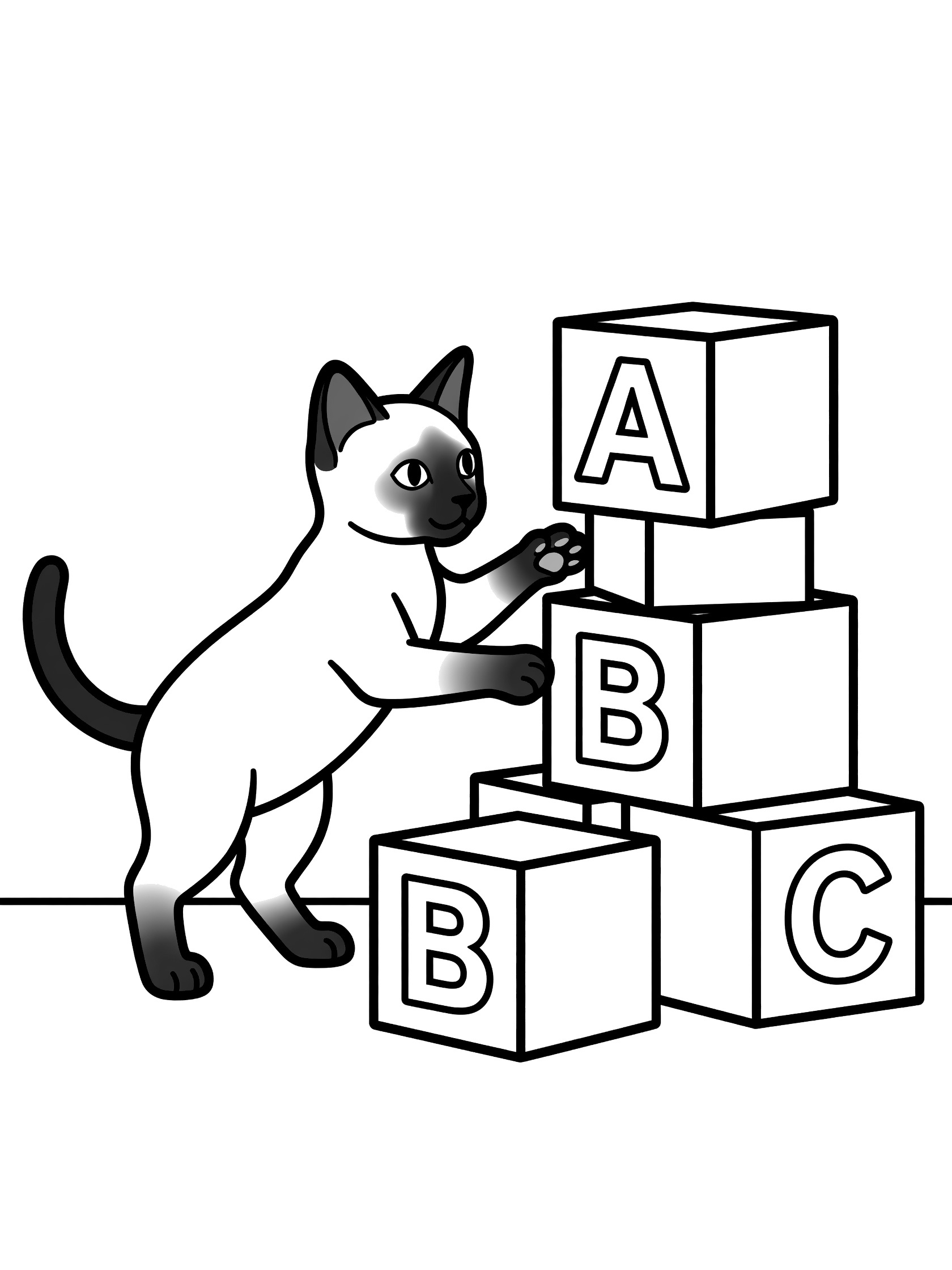 Black and white line art of a Siamese kitten on hind legs pawing at a tower of ABC letter blocks on the floor. Siamese Cats themed black and white printable line art