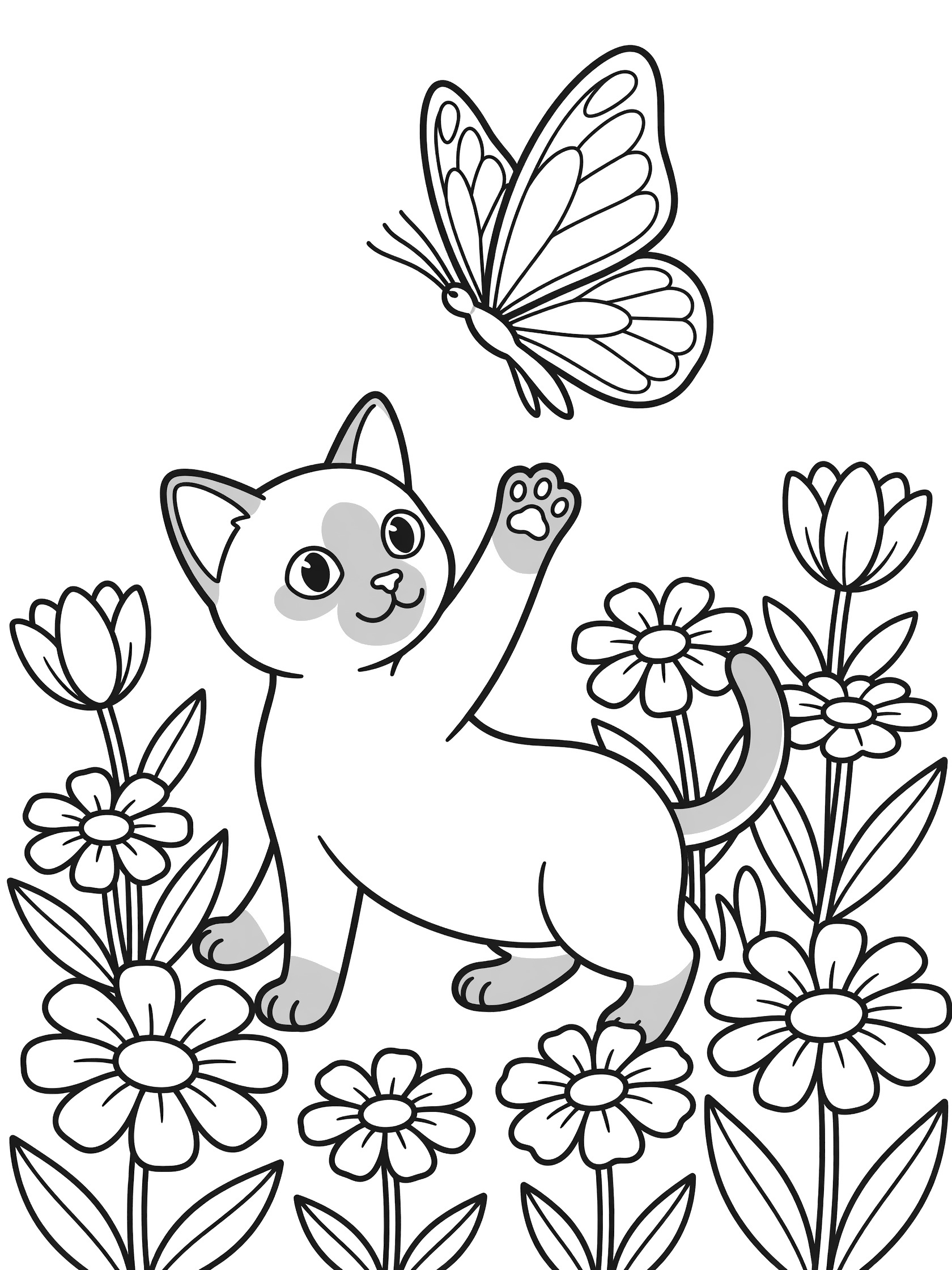 Black and white line art coloring page showing a charming Siamese kitten reaching for a butterfly hovering over daisies and wildflowers.