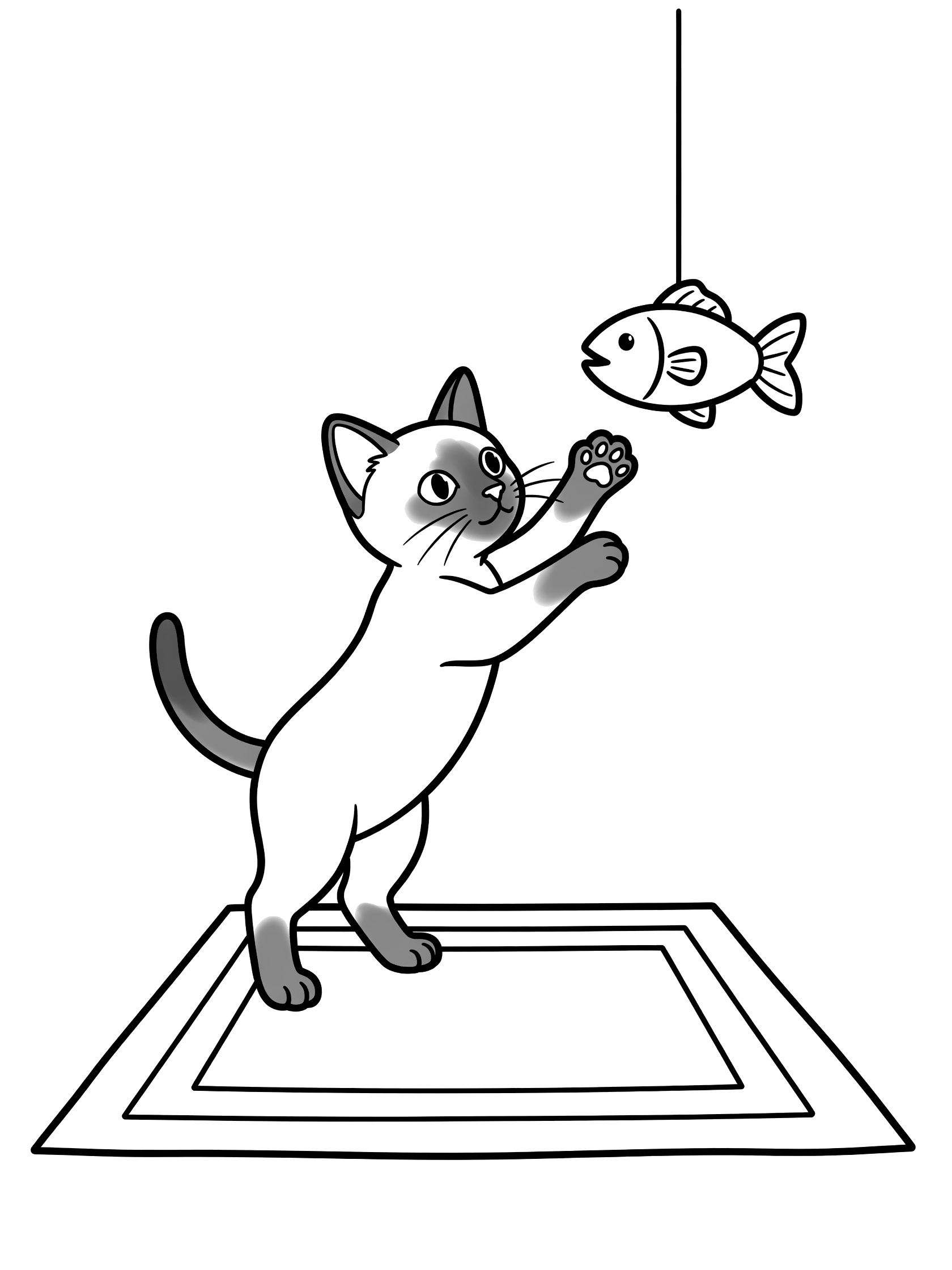 Black and white line art coloring page showing a small Siamese kitten with point markings rearing up on hind legs to paw at a fish-shaped toy hanging from a string, standing on a rectangular rug. Siamese Cats themed black and white printable line art