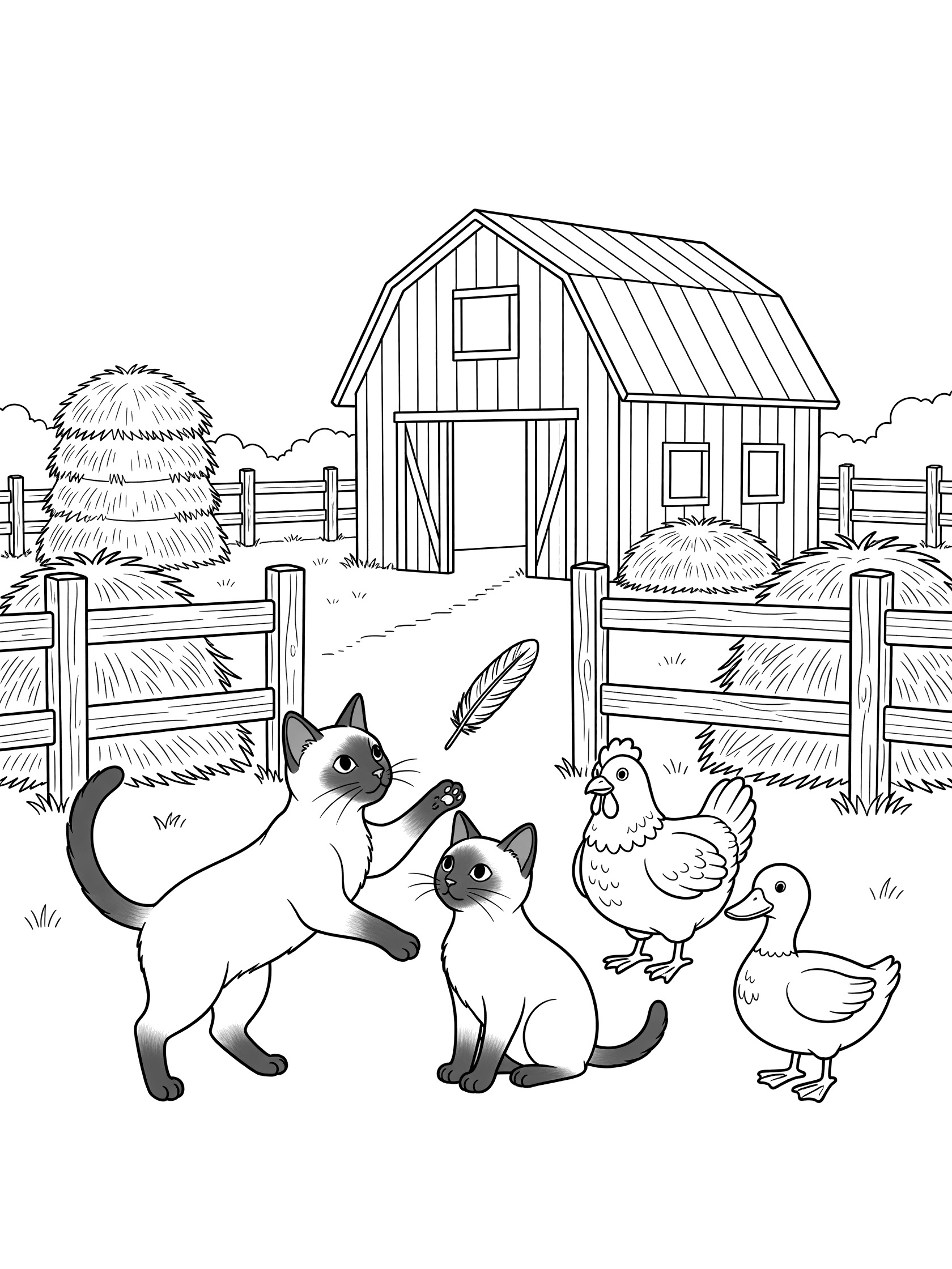 Printable coloring page showing two Siamese kittens playing with a feather in front of a barn, standing chicken and duck, haystacks and wooden fence on a farm.