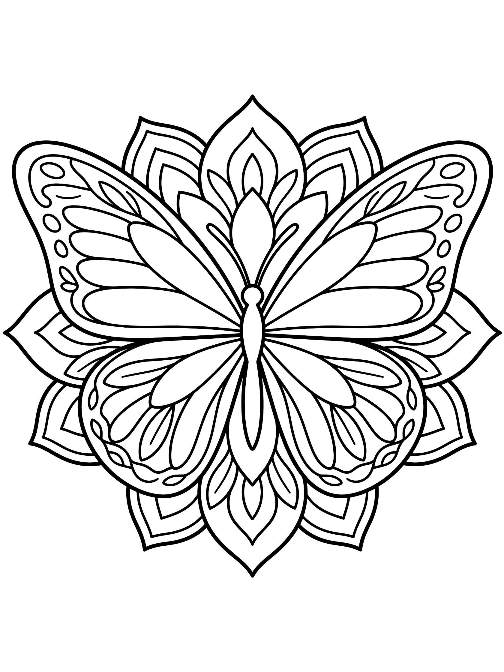 Black and white line art of a simple butterfly mandala with symmetrical patterned wings, flowers, leaves and vines for easy coloring.